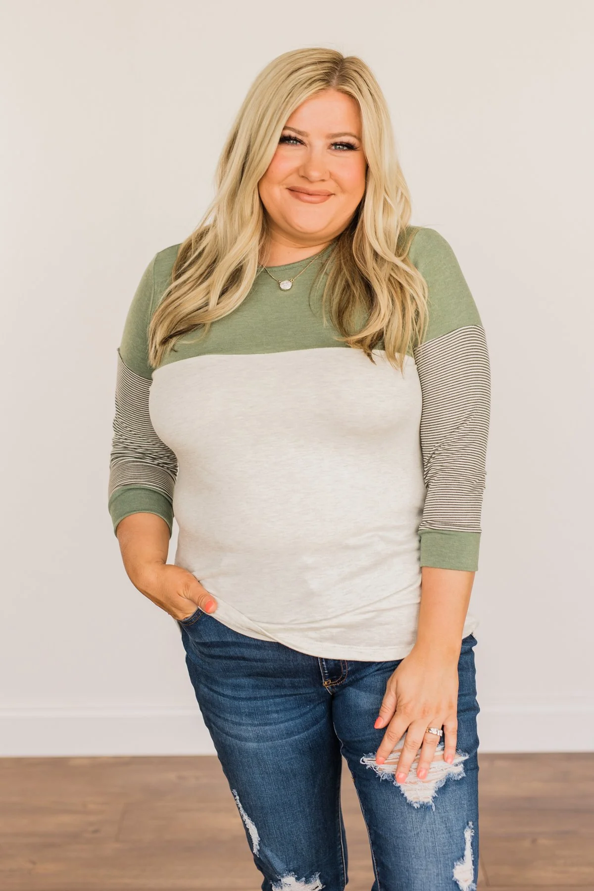 Simply Splendid Color Block Top- Olive & Heather Grey - Image 2