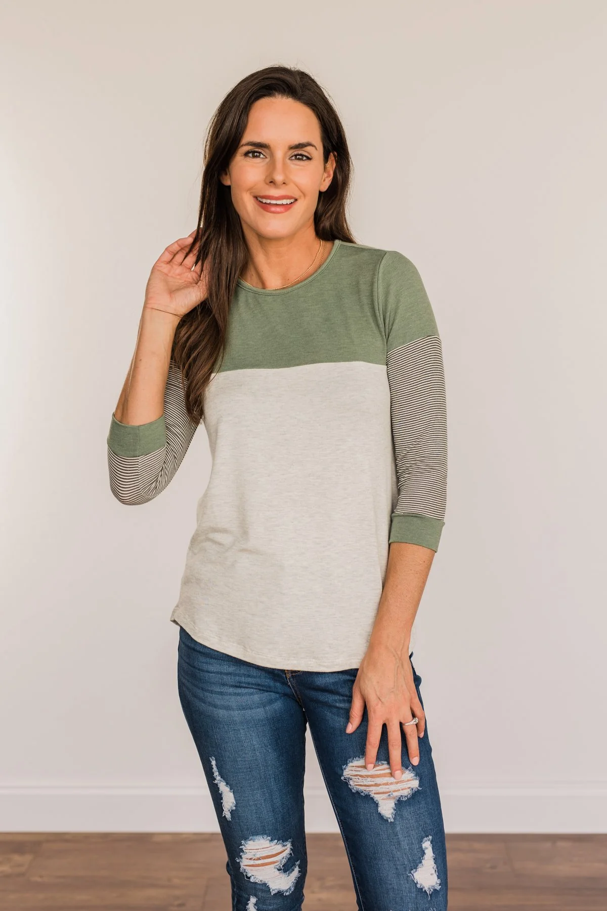 Simply Splendid Color Block Top- Olive & Heather Grey - Image 6
