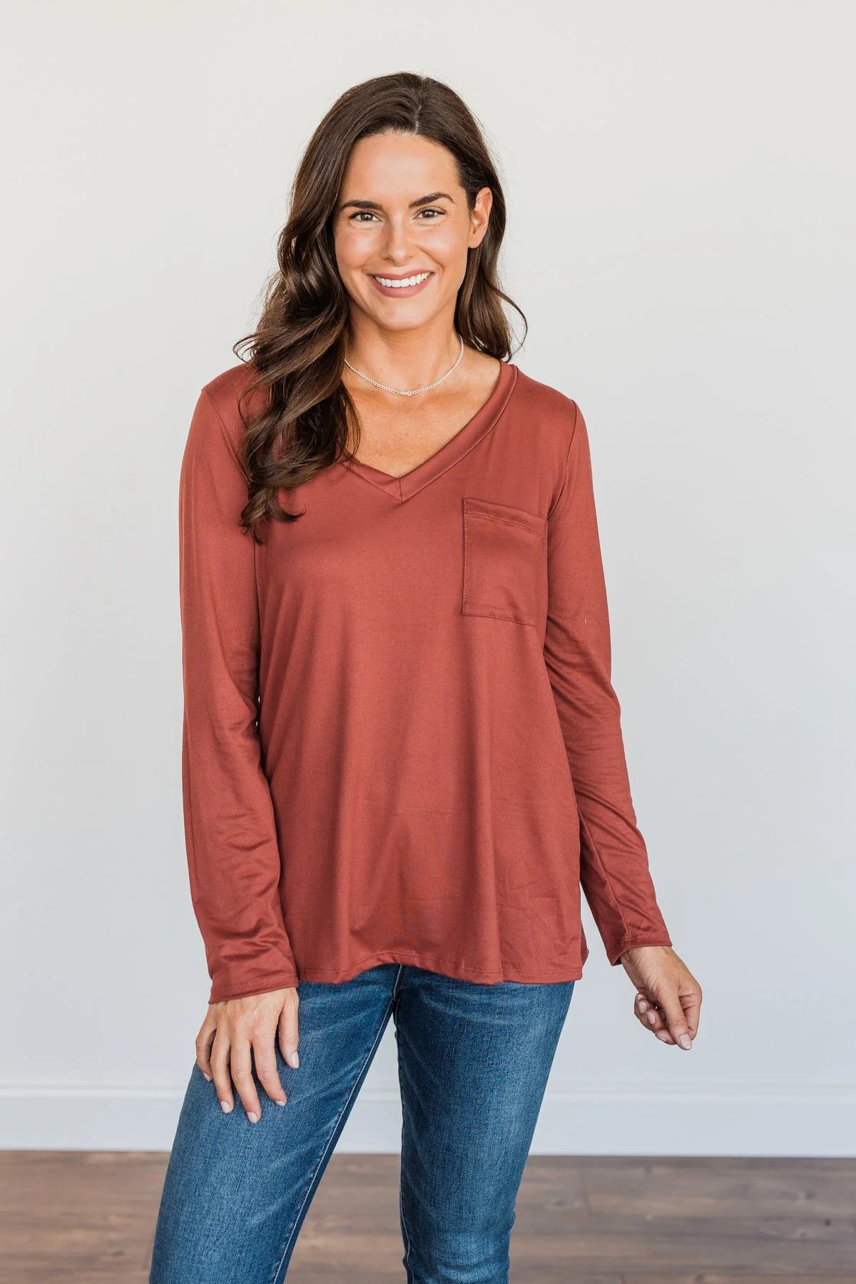 Simply Stylish Long Sleeve Pocket Top- Brick - Image 6