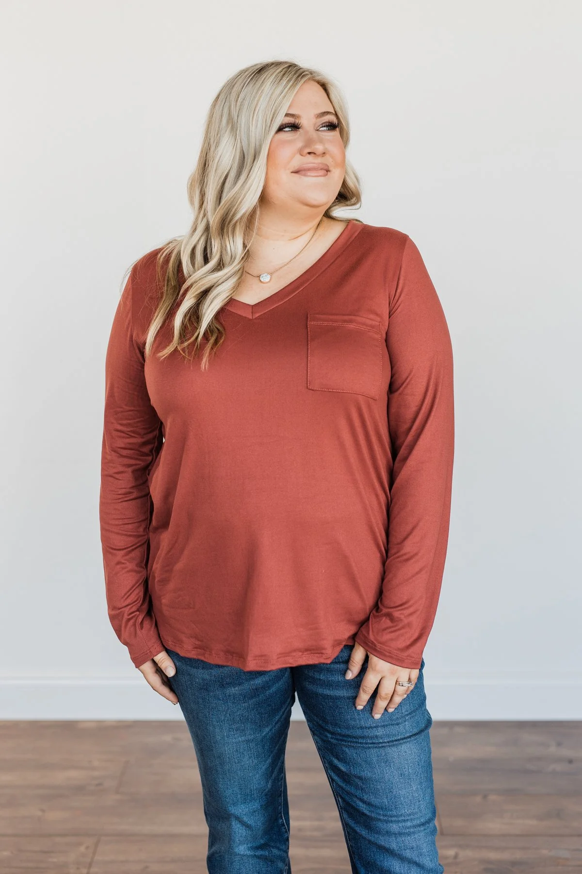 Simply Stylish Long Sleeve Pocket Top- Brick - Image 7