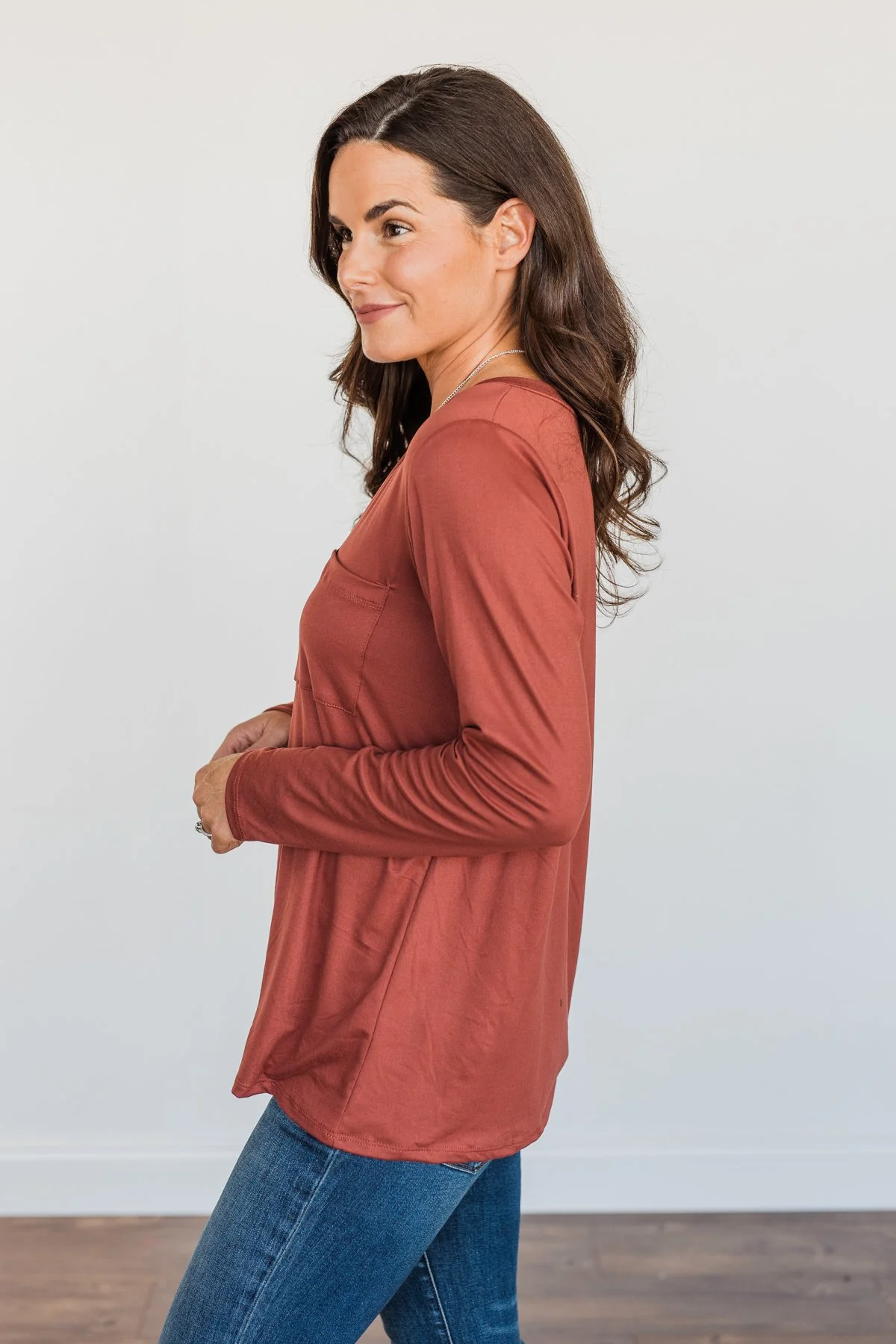 Simply Stylish Long Sleeve Pocket Top- Brick - Image 8