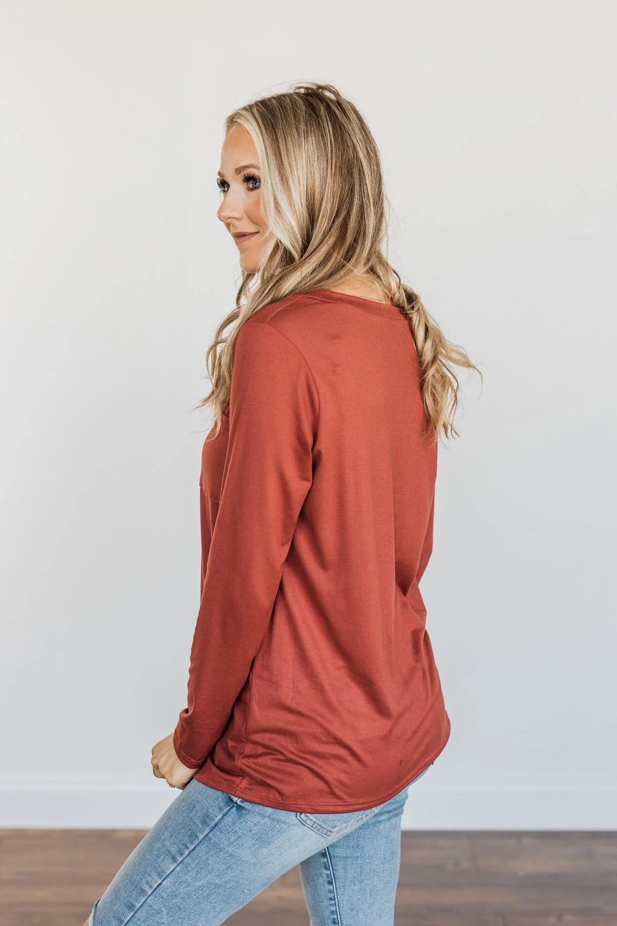 Simply Stylish Long Sleeve Pocket Top- Brick - Image 9