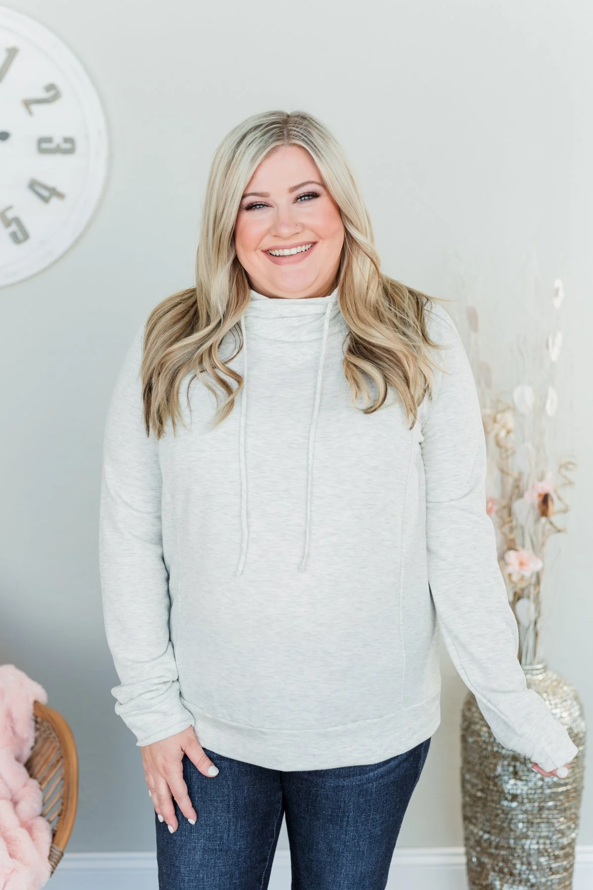 Simply Sweet Cowl Neck Top- Light Heather Grey - Image 4