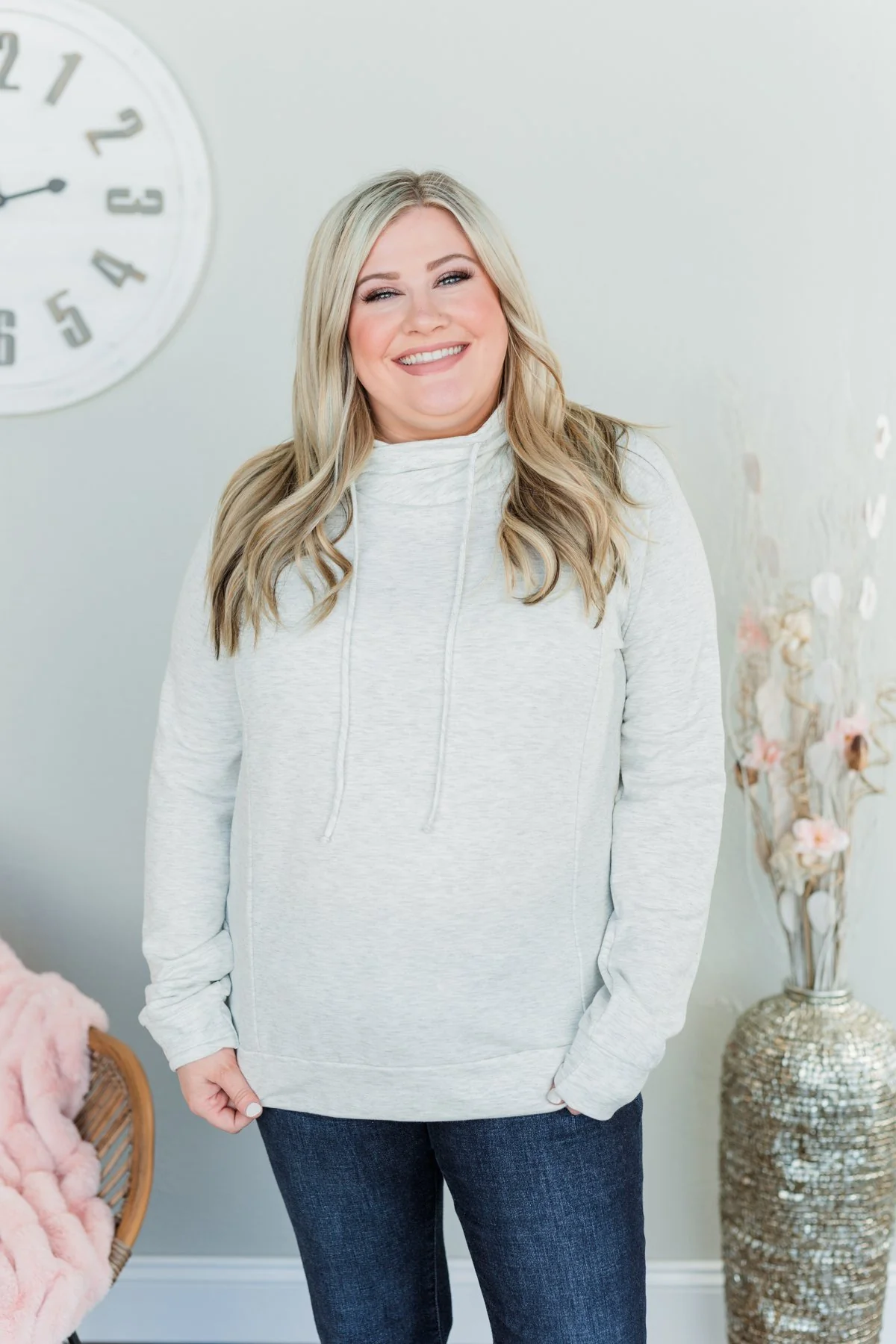 Simply Sweet Cowl Neck Top- Light Heather Grey - Image 5