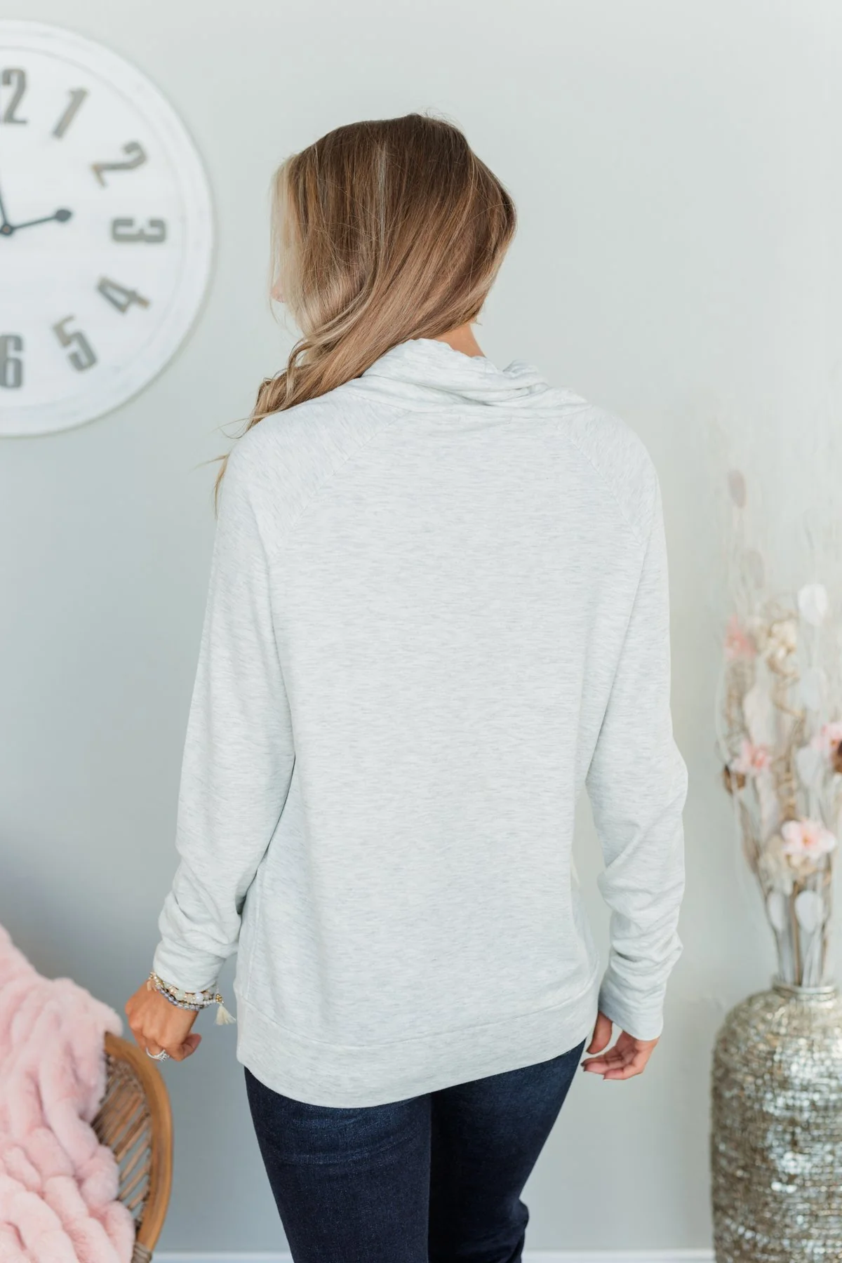 Simply Sweet Cowl Neck Top- Light Heather Grey - Image 7