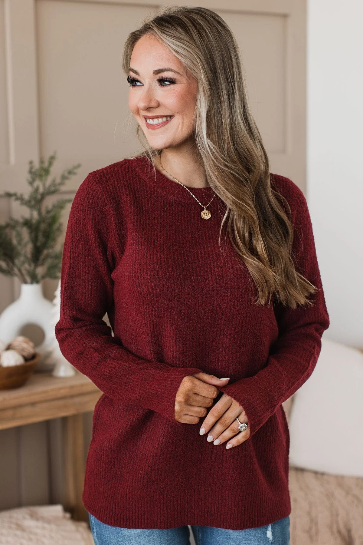 Simply Unforgettable Knit Sweater- Burgundy - Image 2