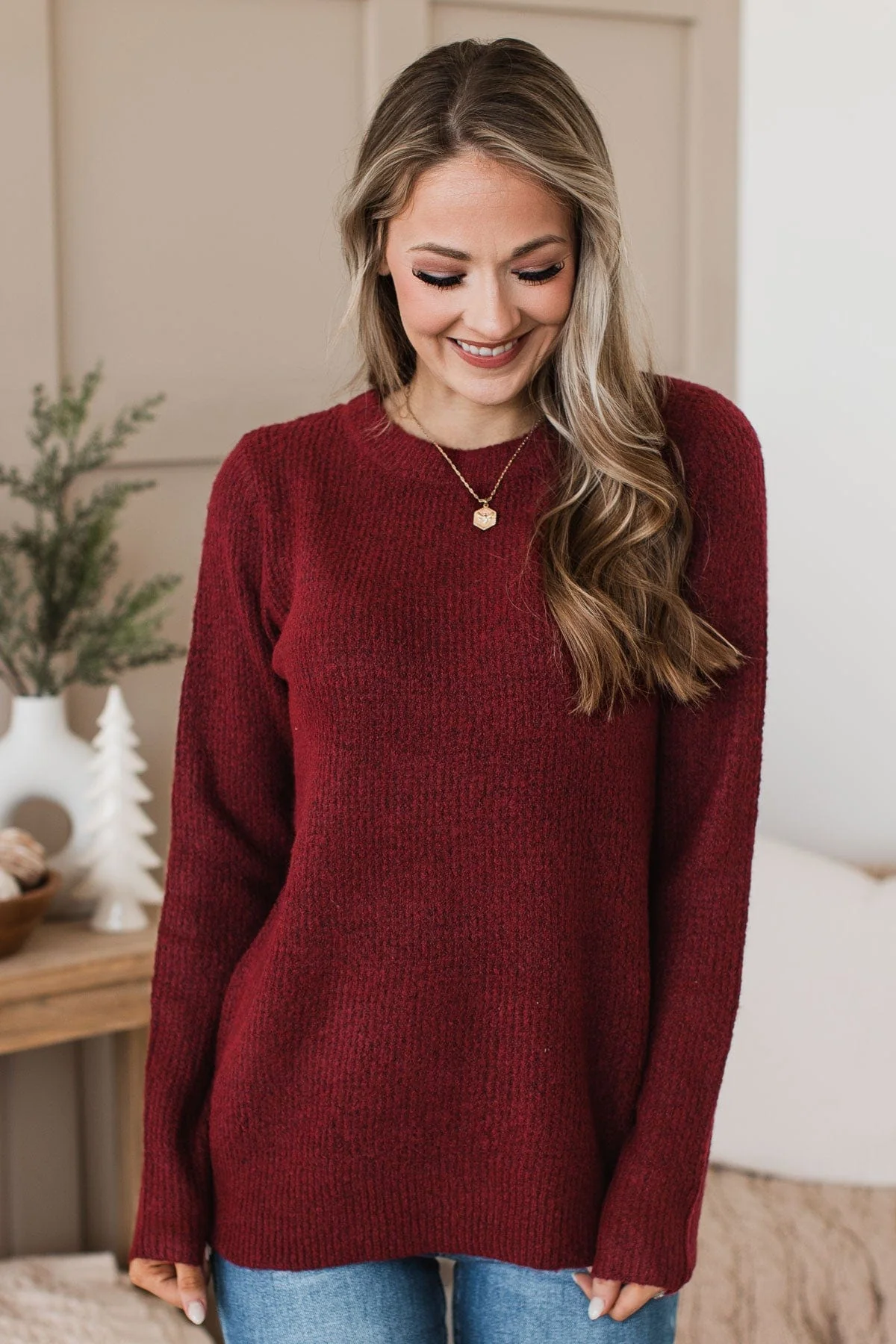 Simply Unforgettable Knit Sweater- Burgundy - Image 3