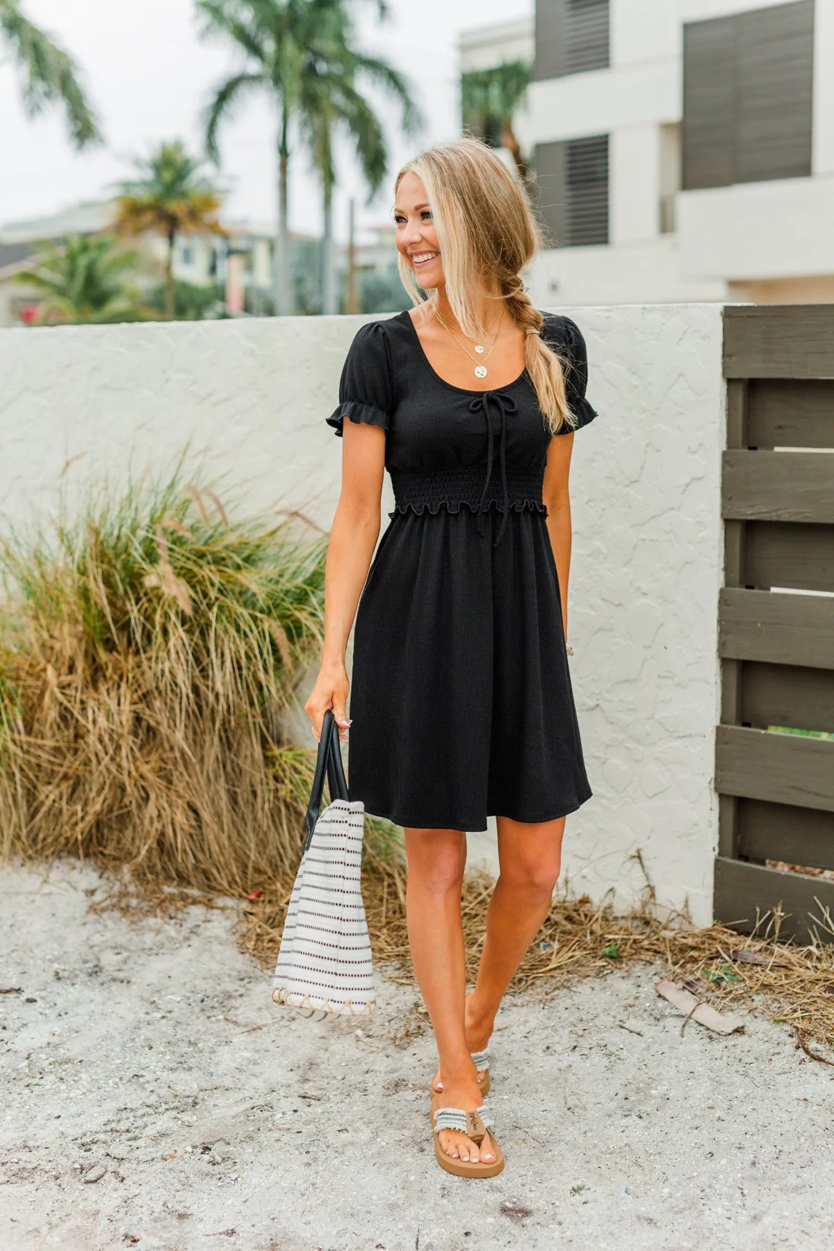 Sincere Smiles Smocked Knit Dress- Black