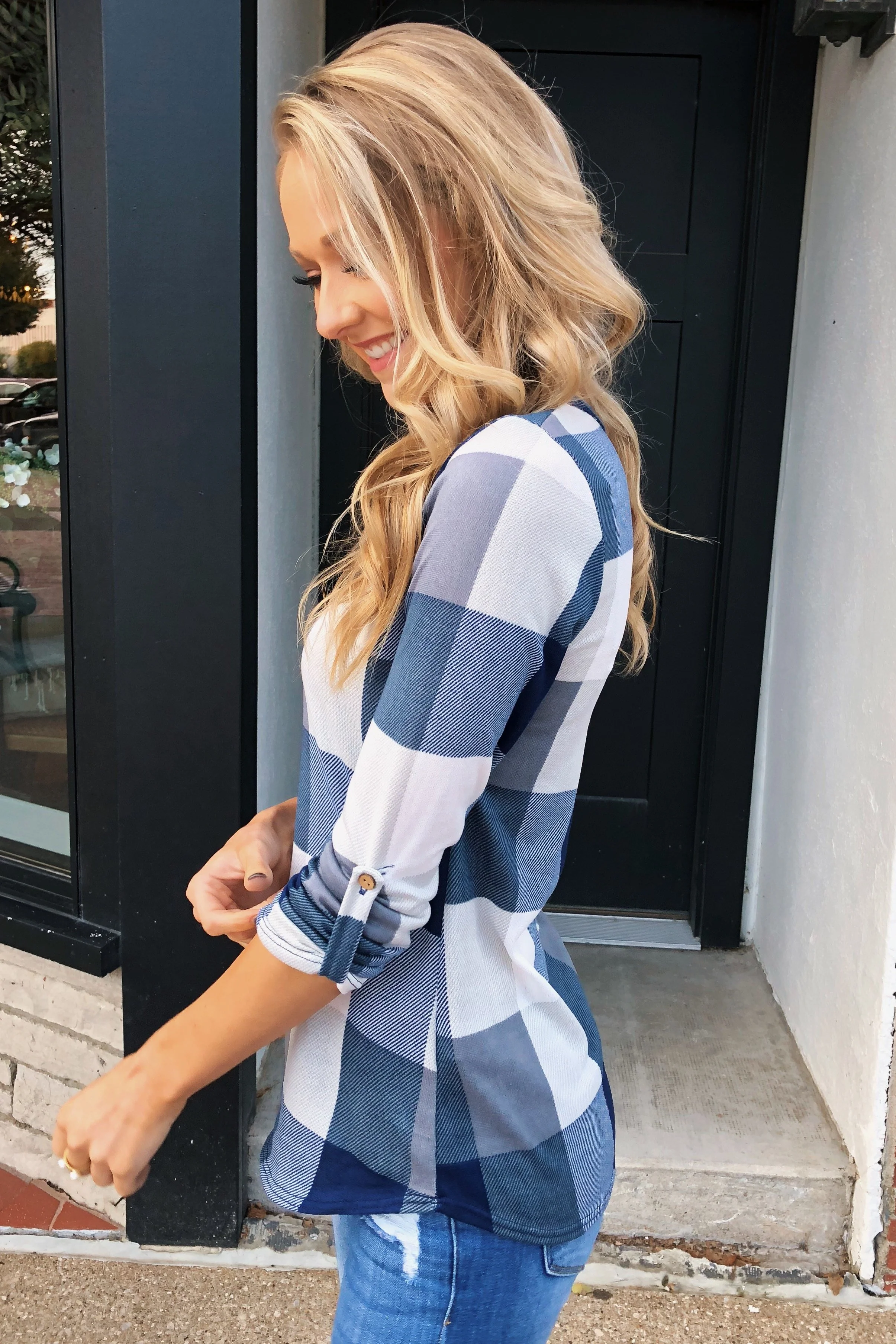 Sincerely Me Plaid V-Neck Top- Blue - Image 4