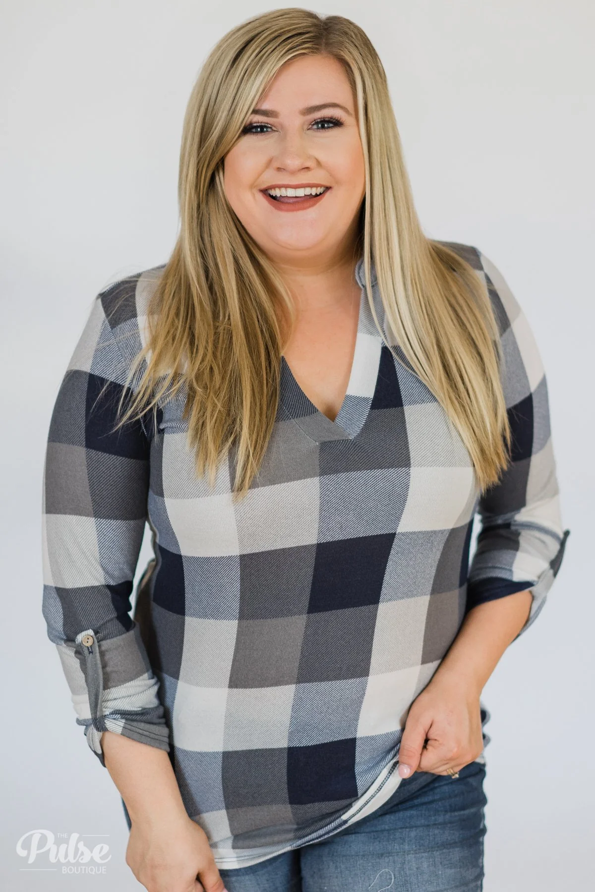 Sincerely Me Plaid V-Neck Top- Blue - Image 2