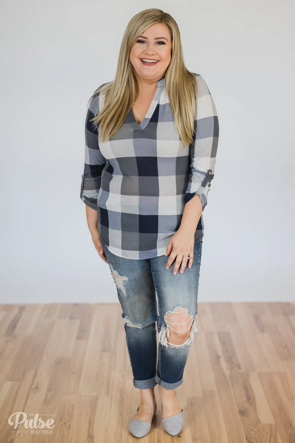 Sincerely Me Plaid V-Neck Top- Blue - Image 3