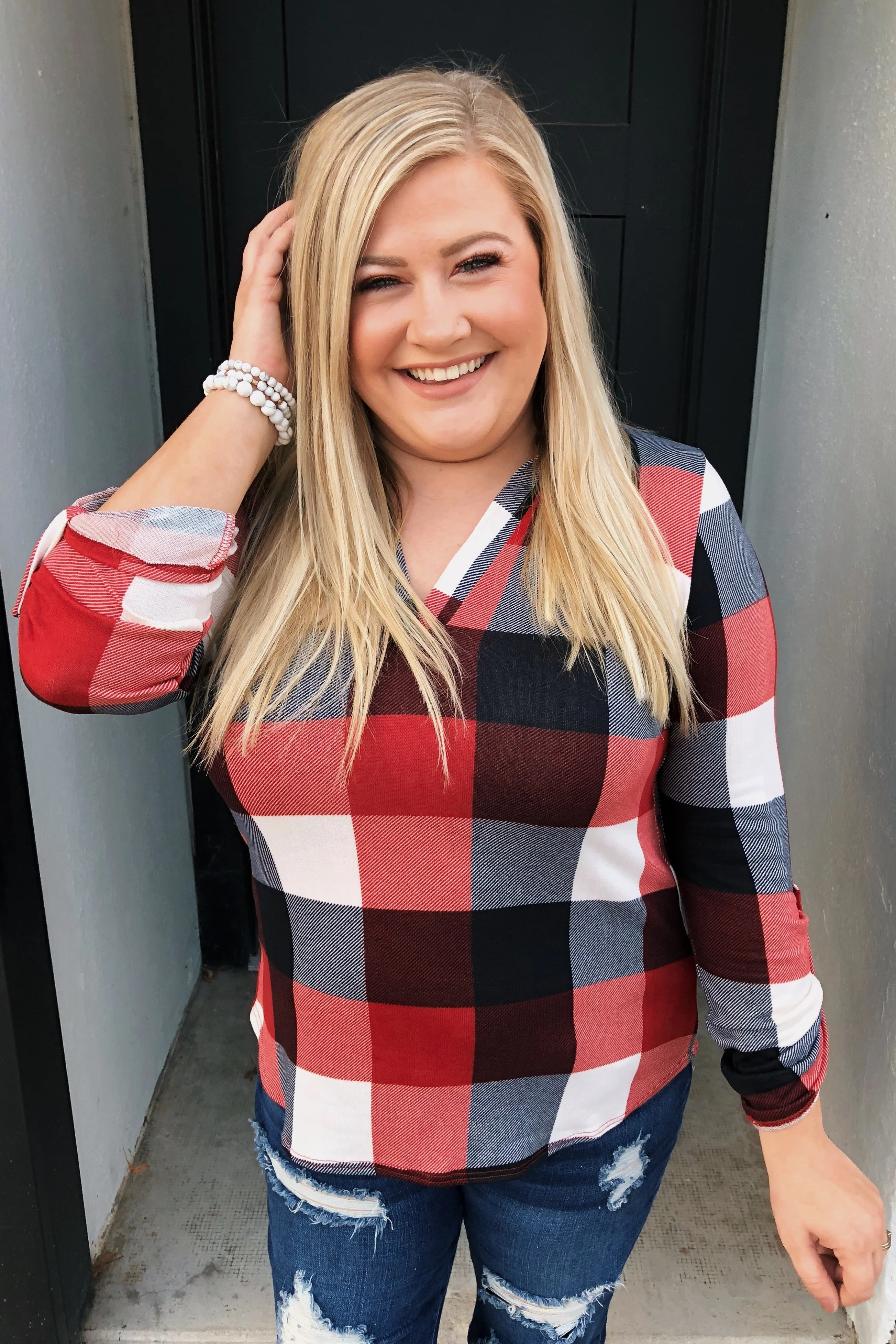 Sincerely Me Plaid V-Neck Top- Red - Image 3