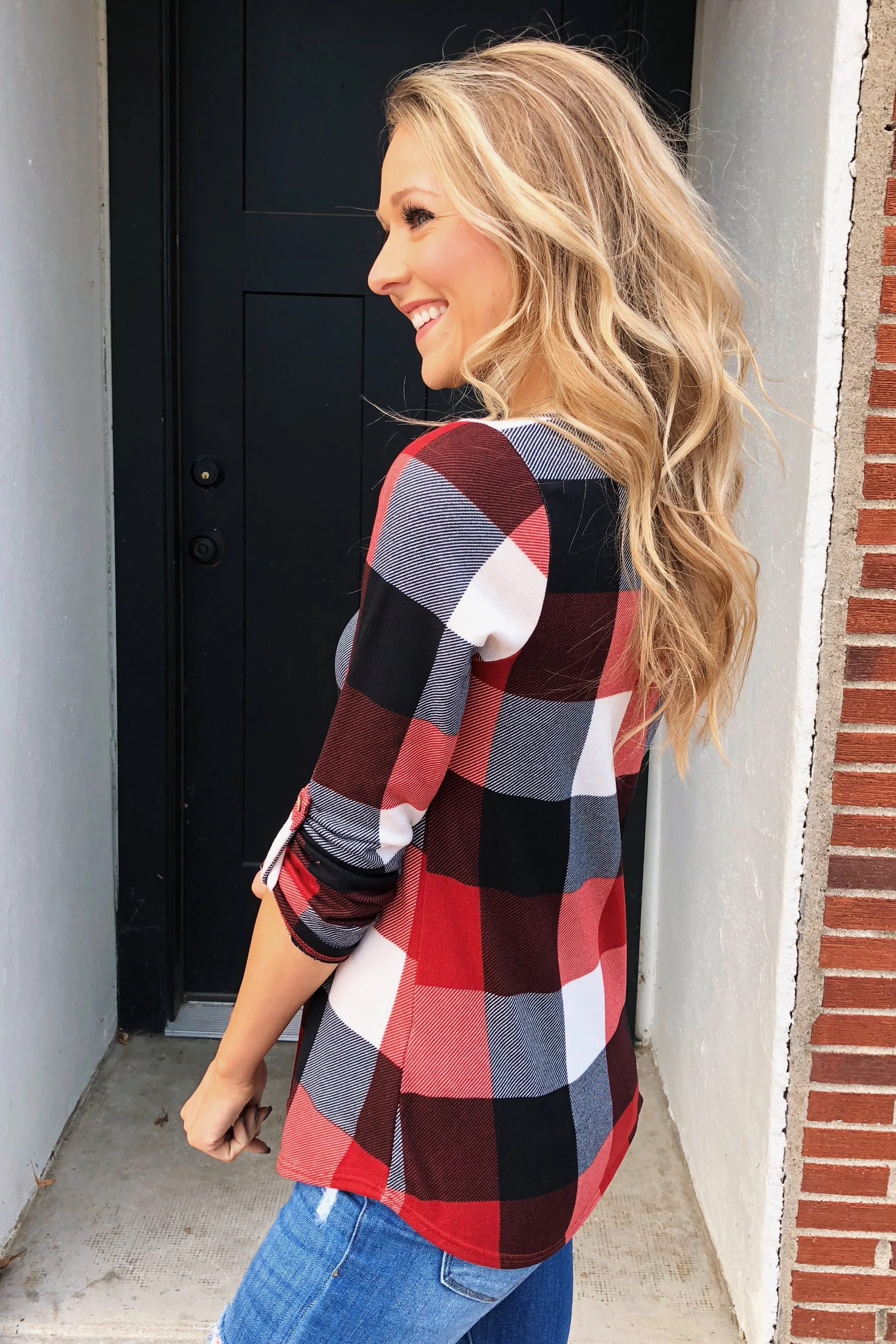 Sincerely Me Plaid V-Neck Top- Red - Image 4