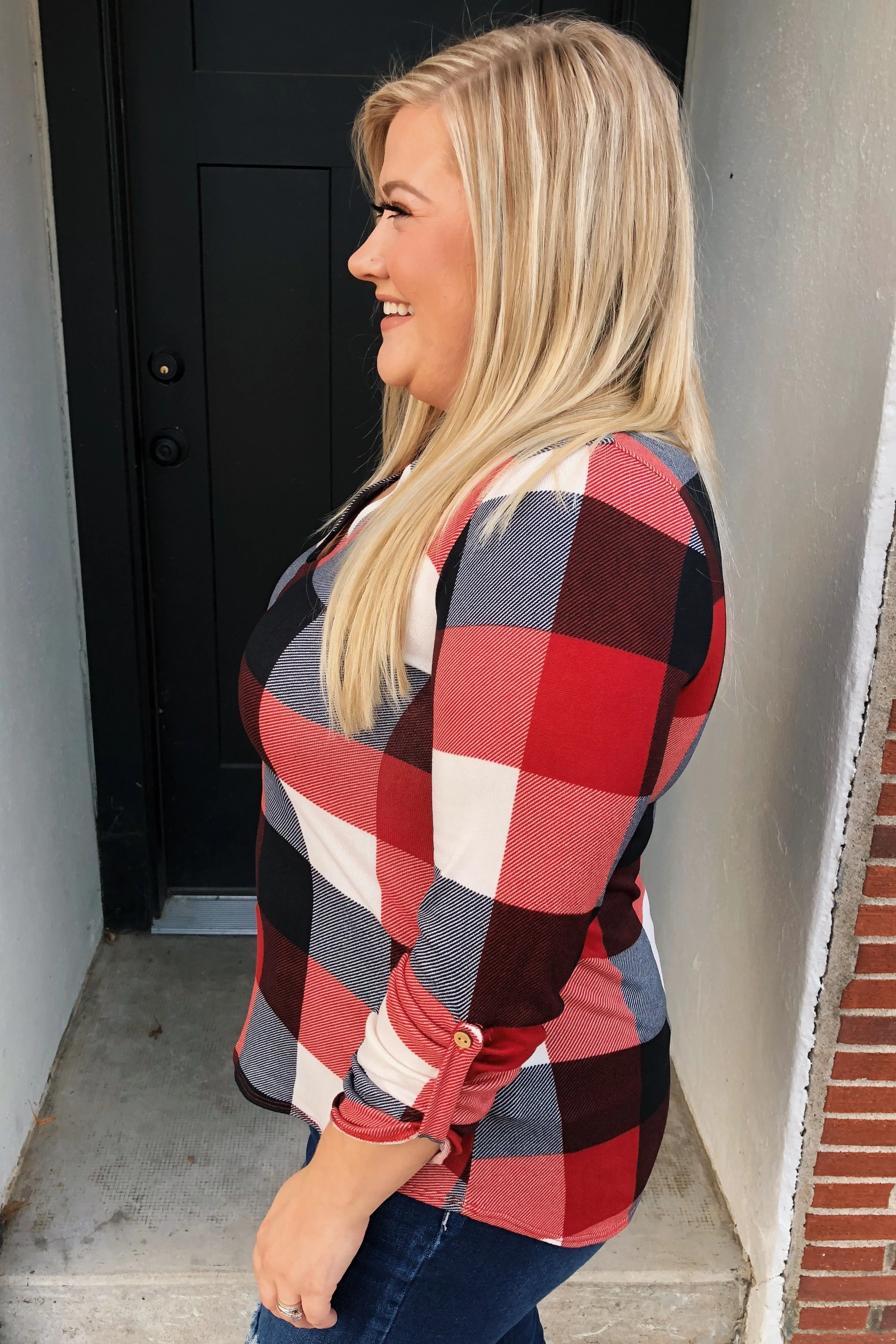 Sincerely Me Plaid V-Neck Top- Red - Image 6