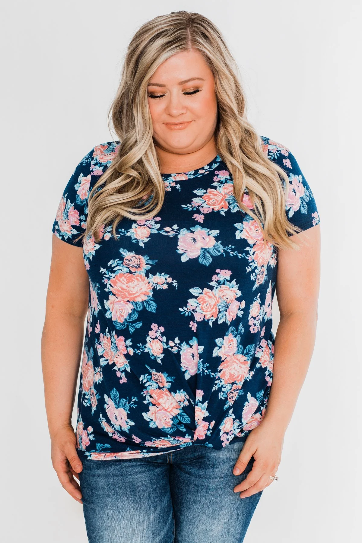 Sing With Me Floral Short Sleeve Knot Top- Navy - Image 4