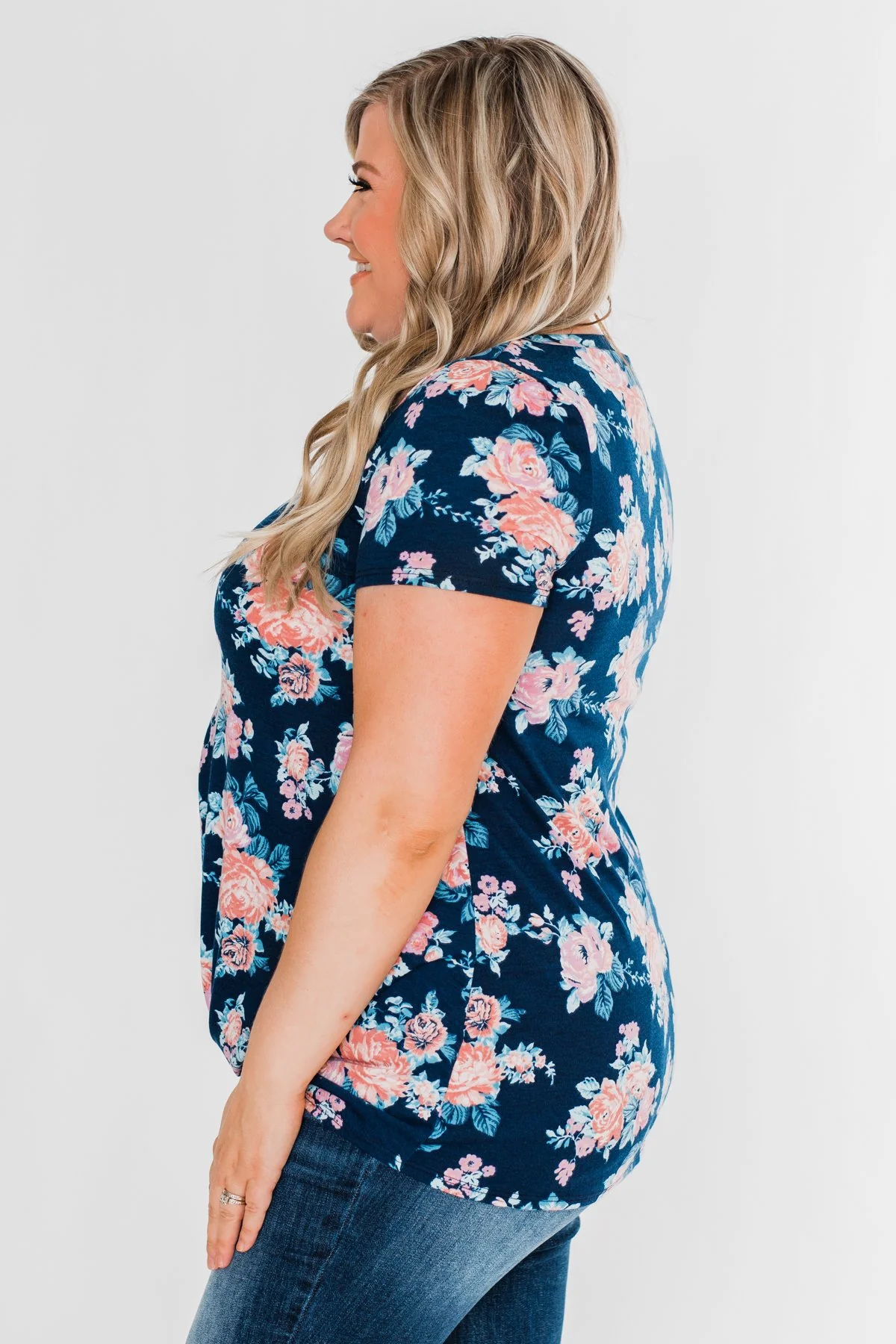 Sing With Me Floral Short Sleeve Knot Top- Navy - Image 7