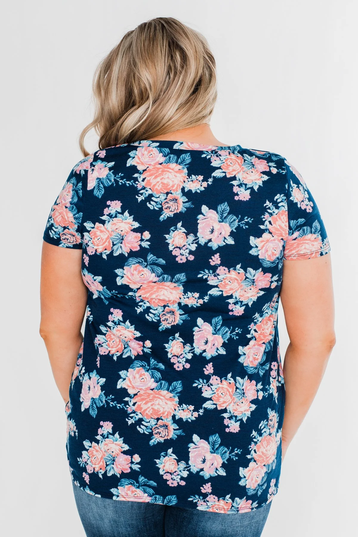 Sing With Me Floral Short Sleeve Knot Top- Navy - Image 9