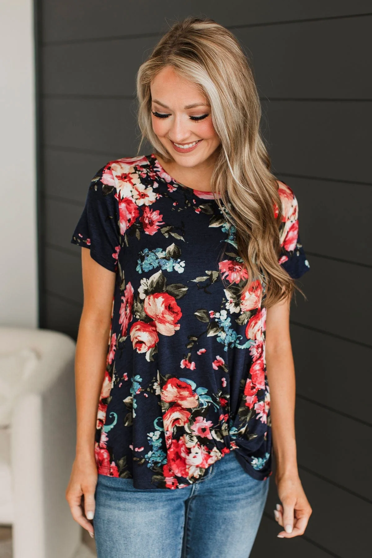 Singing Love Songs Floral Top- Navy - Image 2