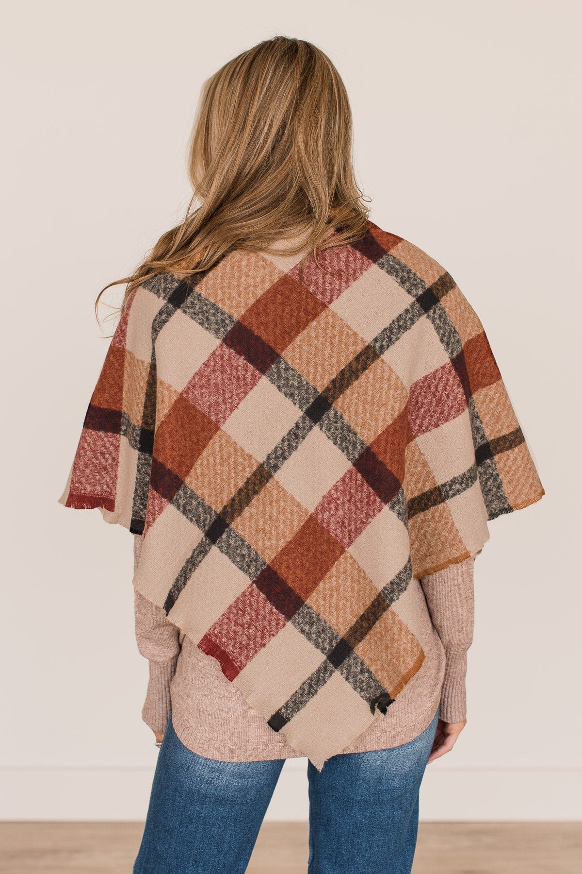 Sipping Cider Plaid Blanket Scarf- Taupe & Burgundy - Image 5