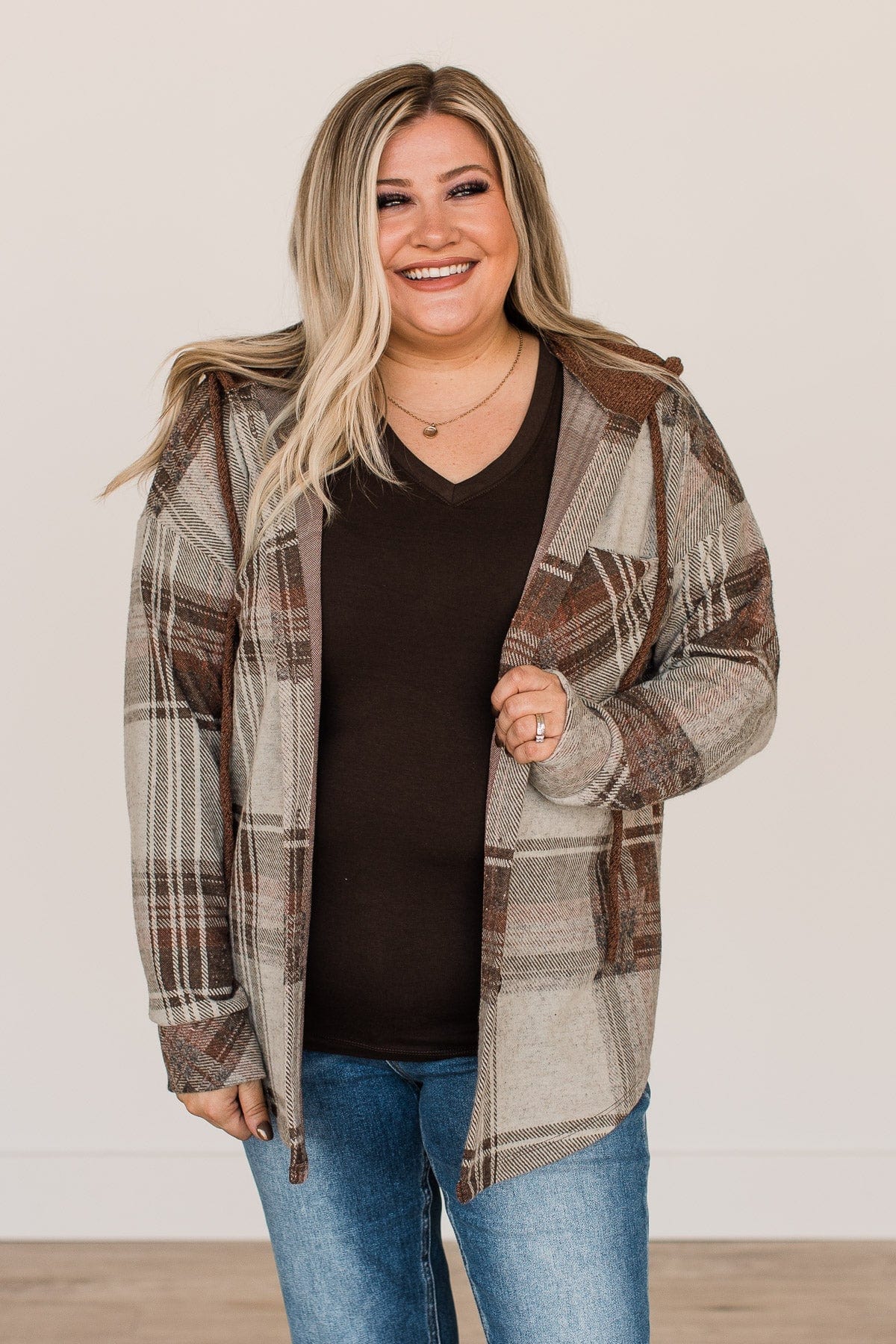Sitting Fireside Hooded Button Top- Brown - Image 4