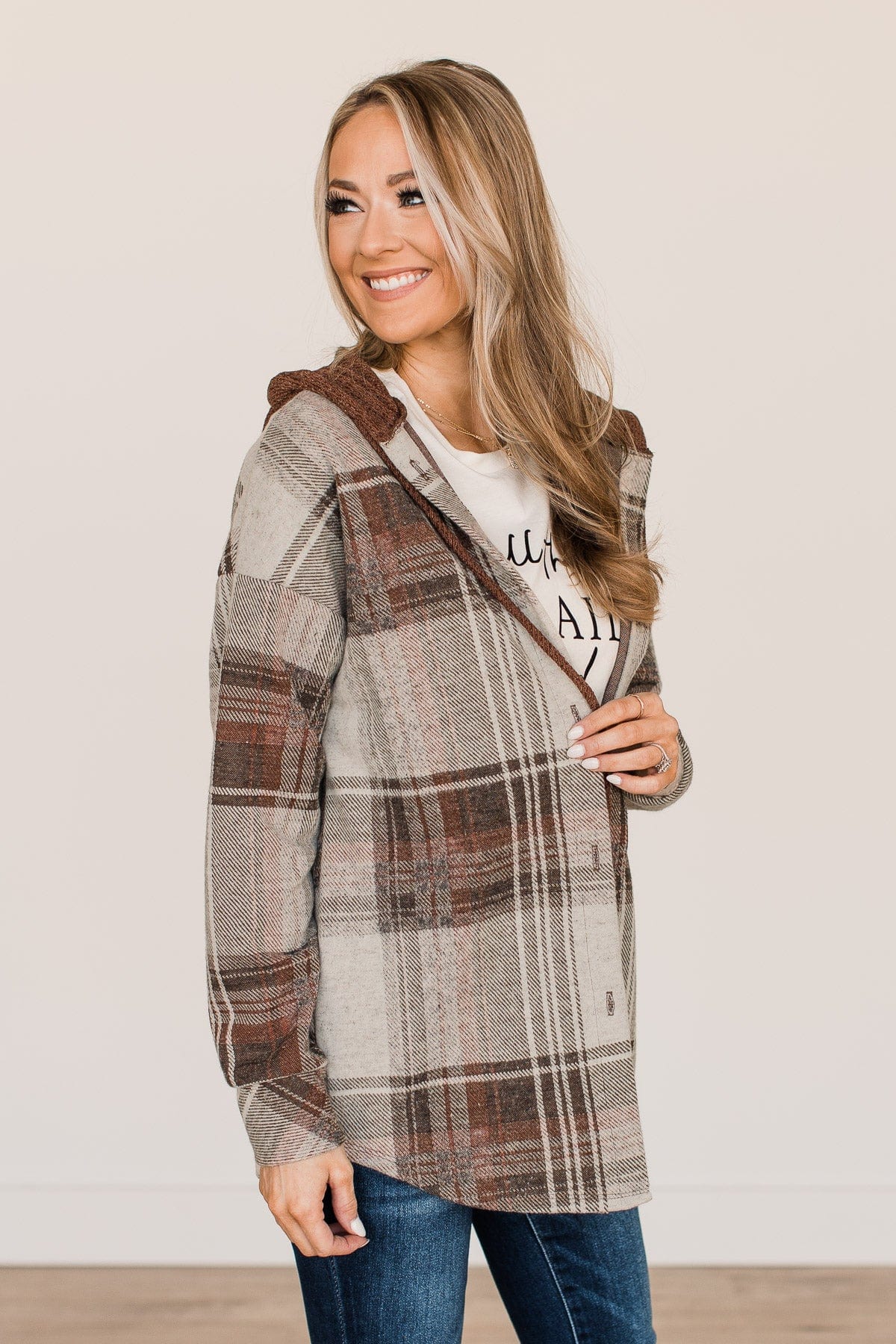 Sitting Fireside Hooded Button Top- Brown - Image 5