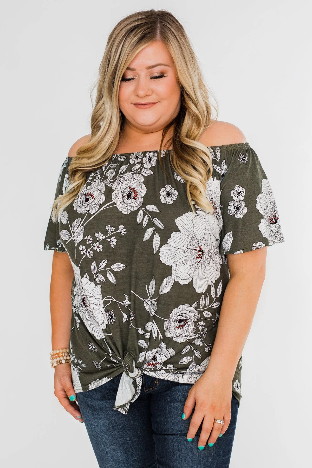 Sketch of You Floral Off The Shoulder Top- Olive - Image 8