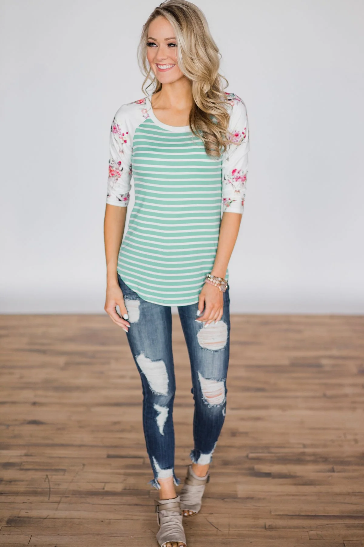 Skull & Stripes 3/4 Sleeve Top - Mint - Image 3