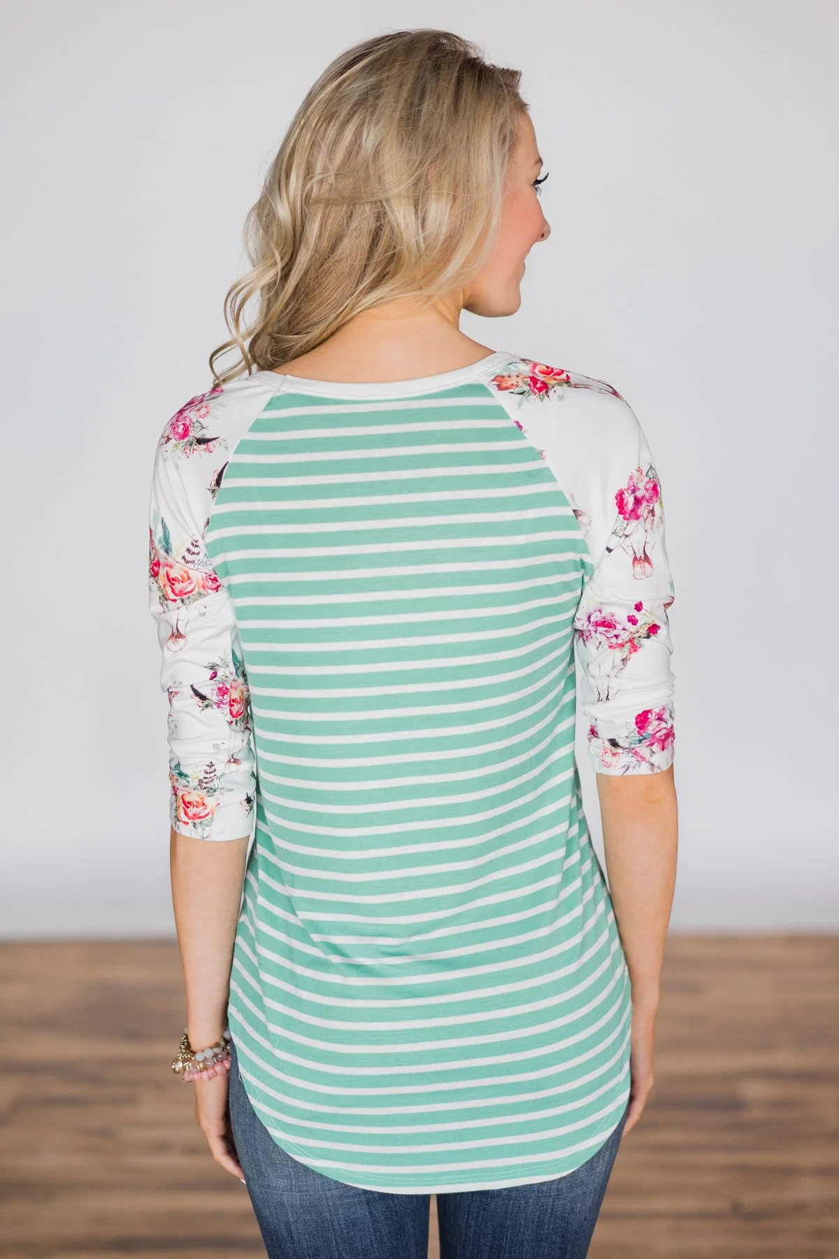 Skull & Stripes 3/4 Sleeve Top - Mint - Image 5