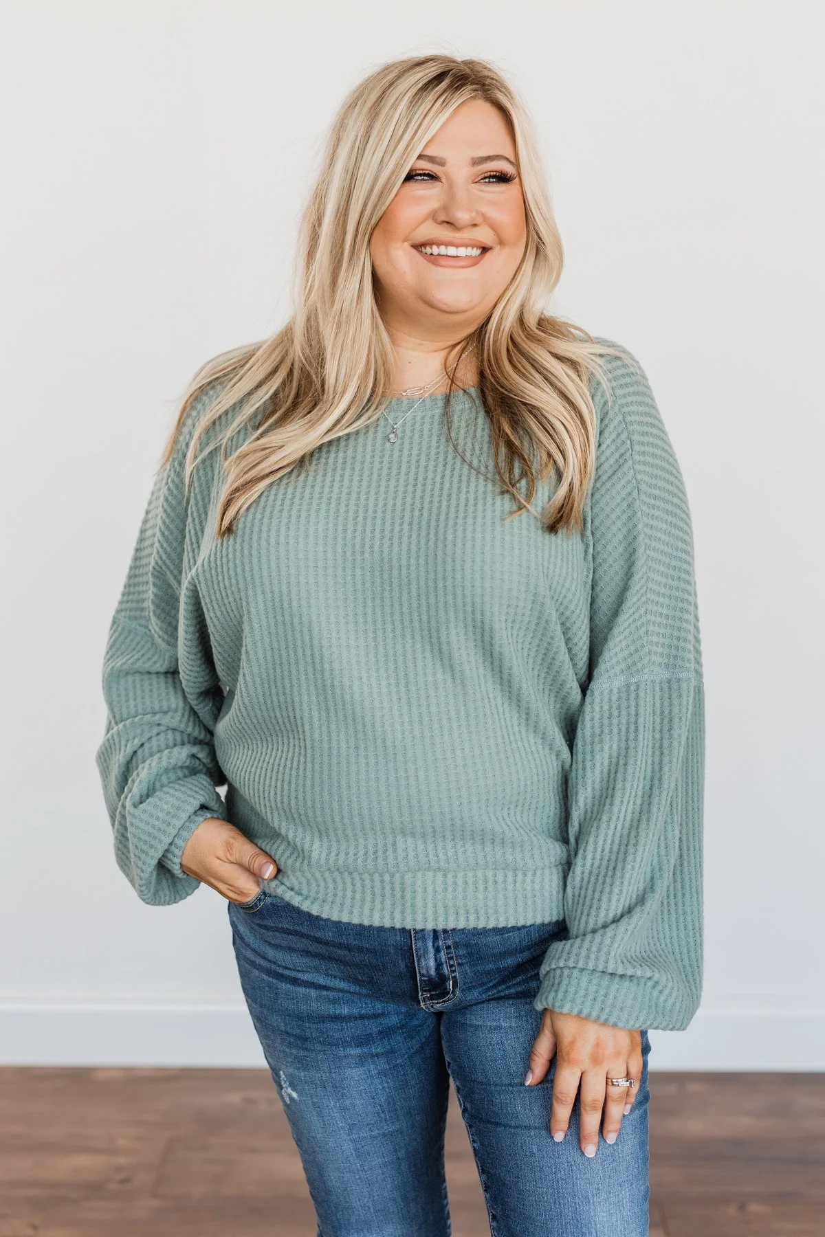 Slay The Day Waffle Knit Top- Dusty Jade - Image 2