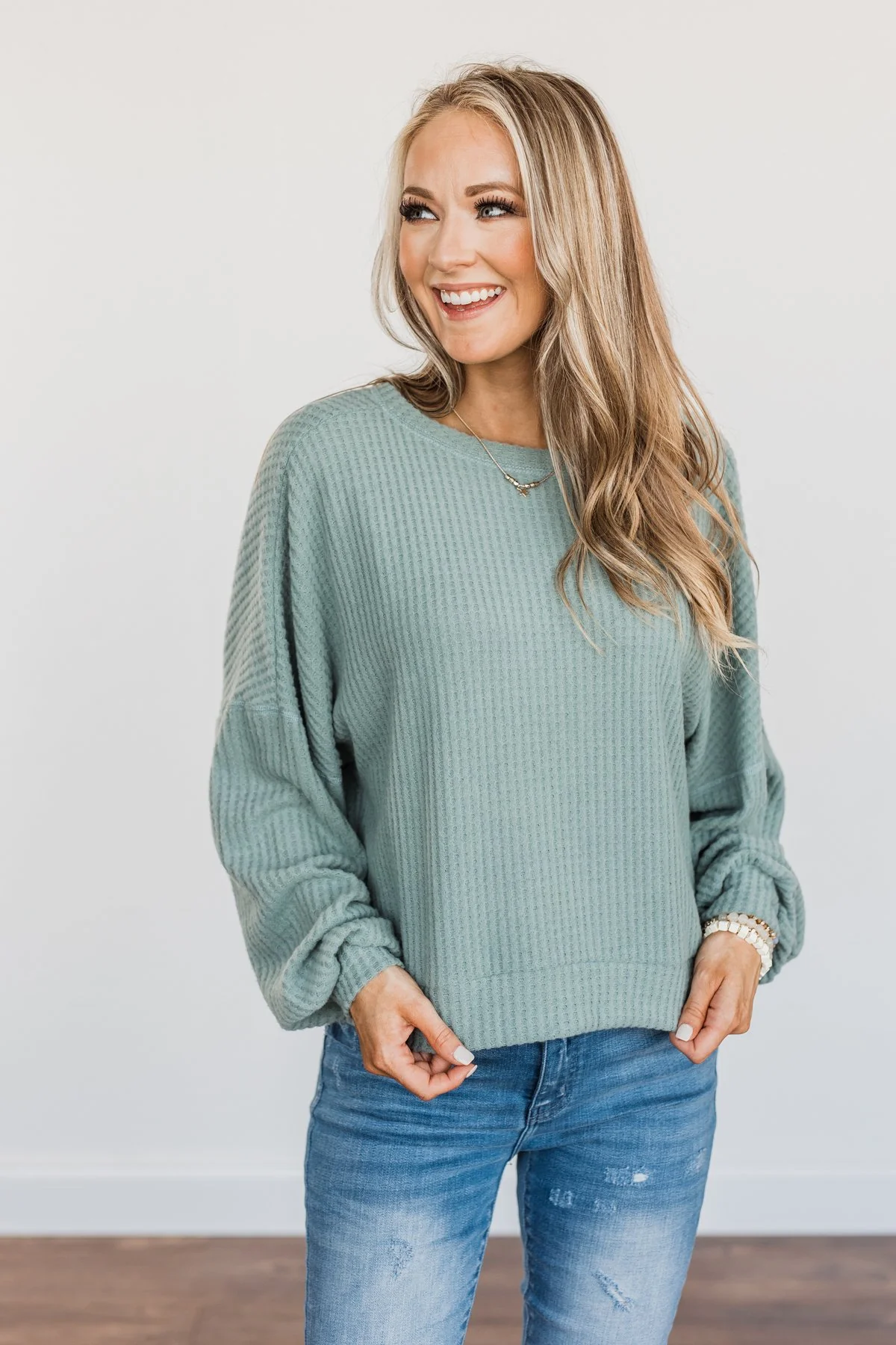 Slay The Day Waffle Knit Top- Dusty Jade - Image 7