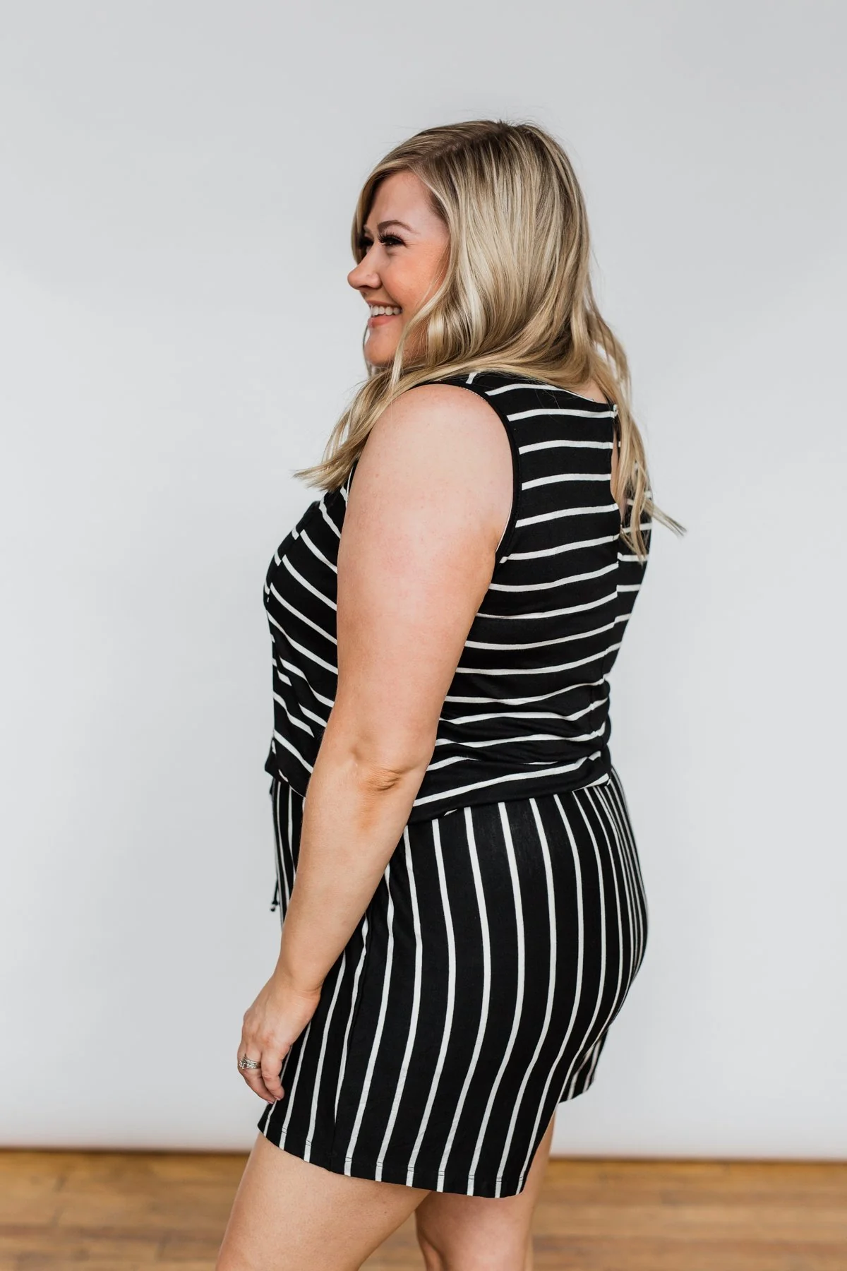 Sleeveless Striped Drawstring Romper- Black & Ivory - Image 10