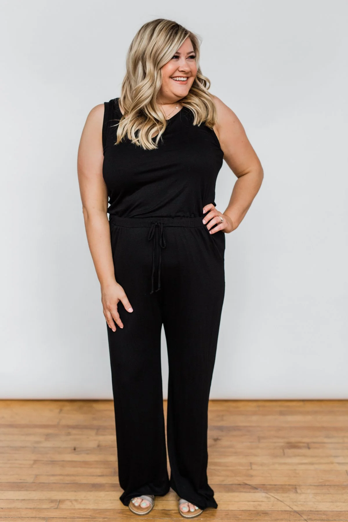 Sleeveless V-Neck Drawstring Jumpsuit- Black - Image 14
