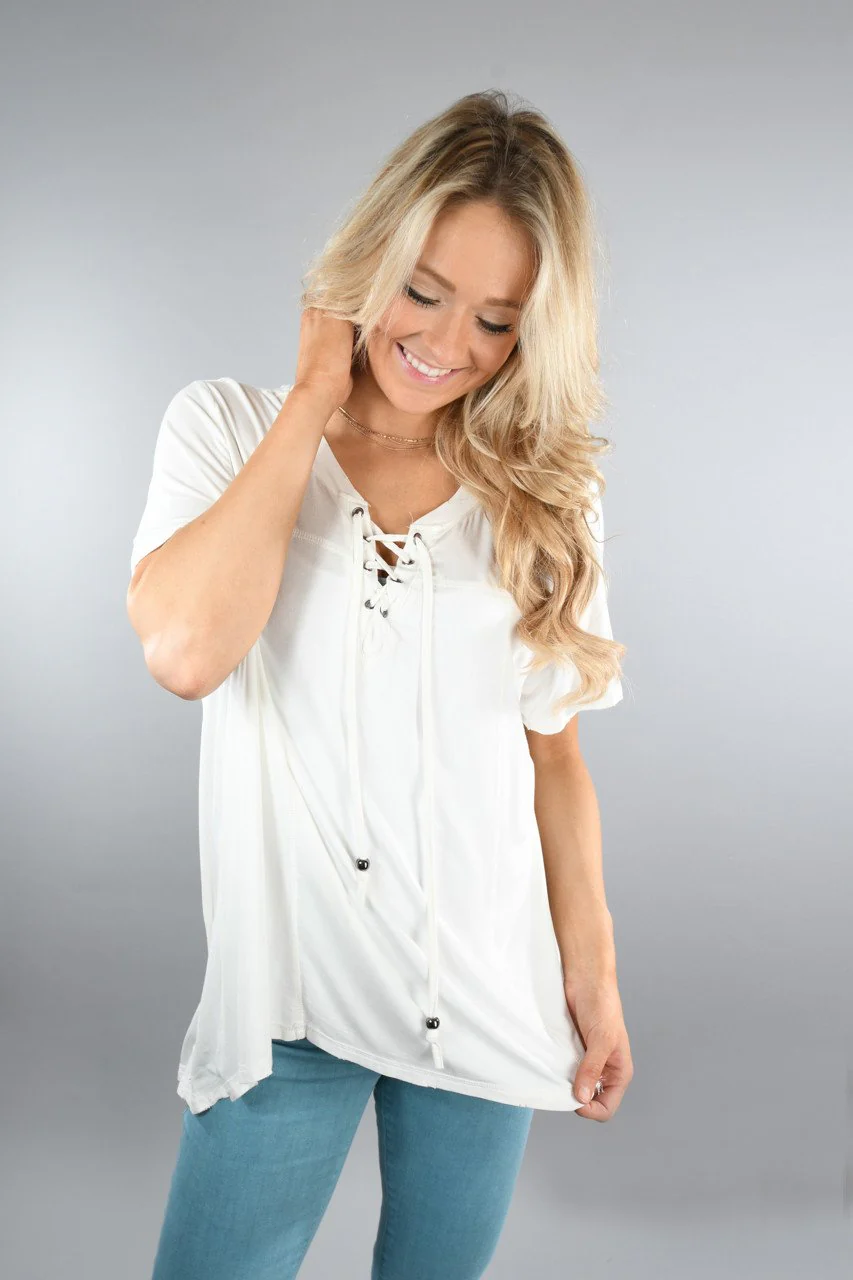 Slouchy Lace Up Top ~ Ivory
