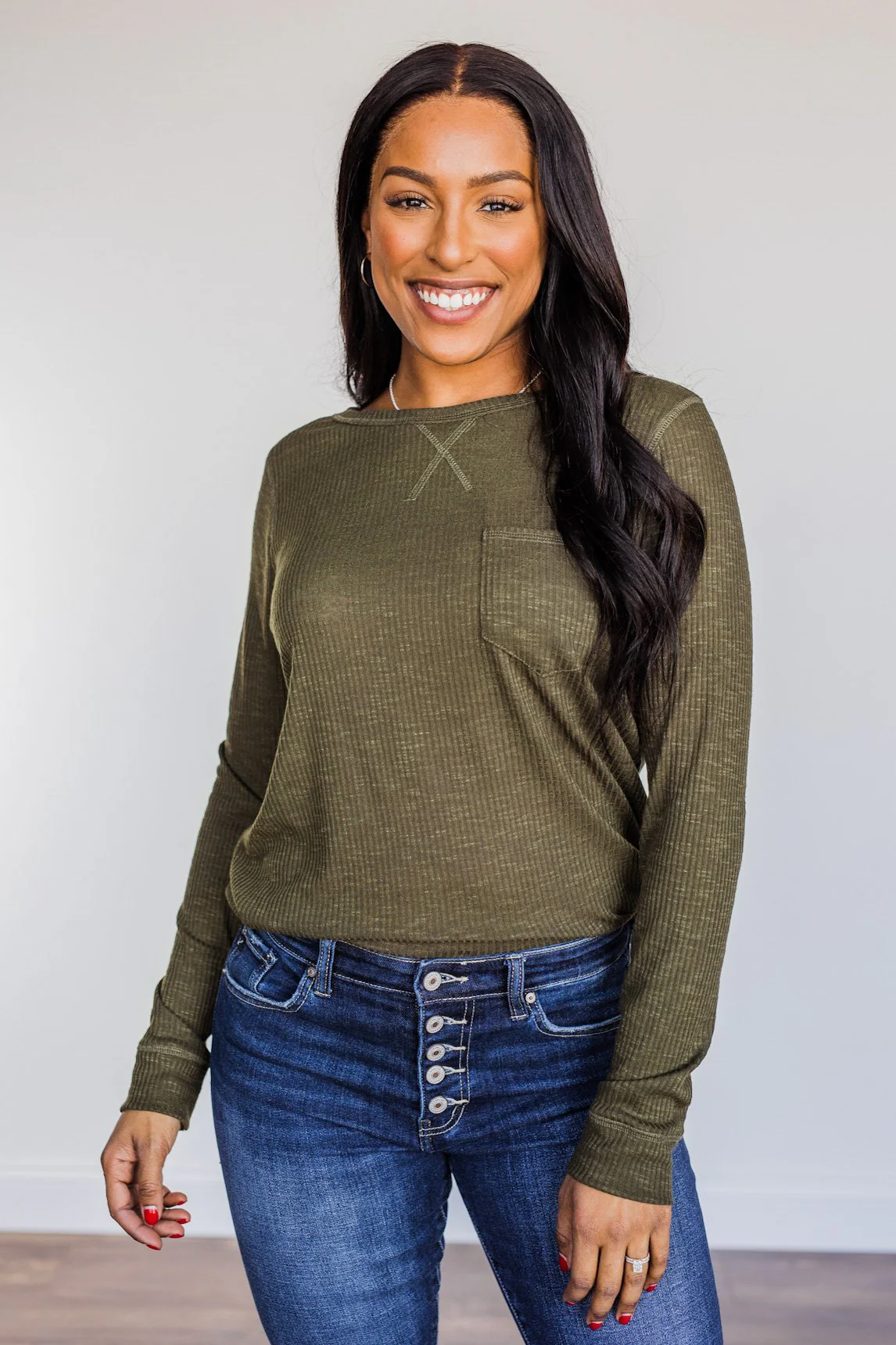 Slowing Things Down Pocket Long Sleeve Top- Dark Olive - Image 2