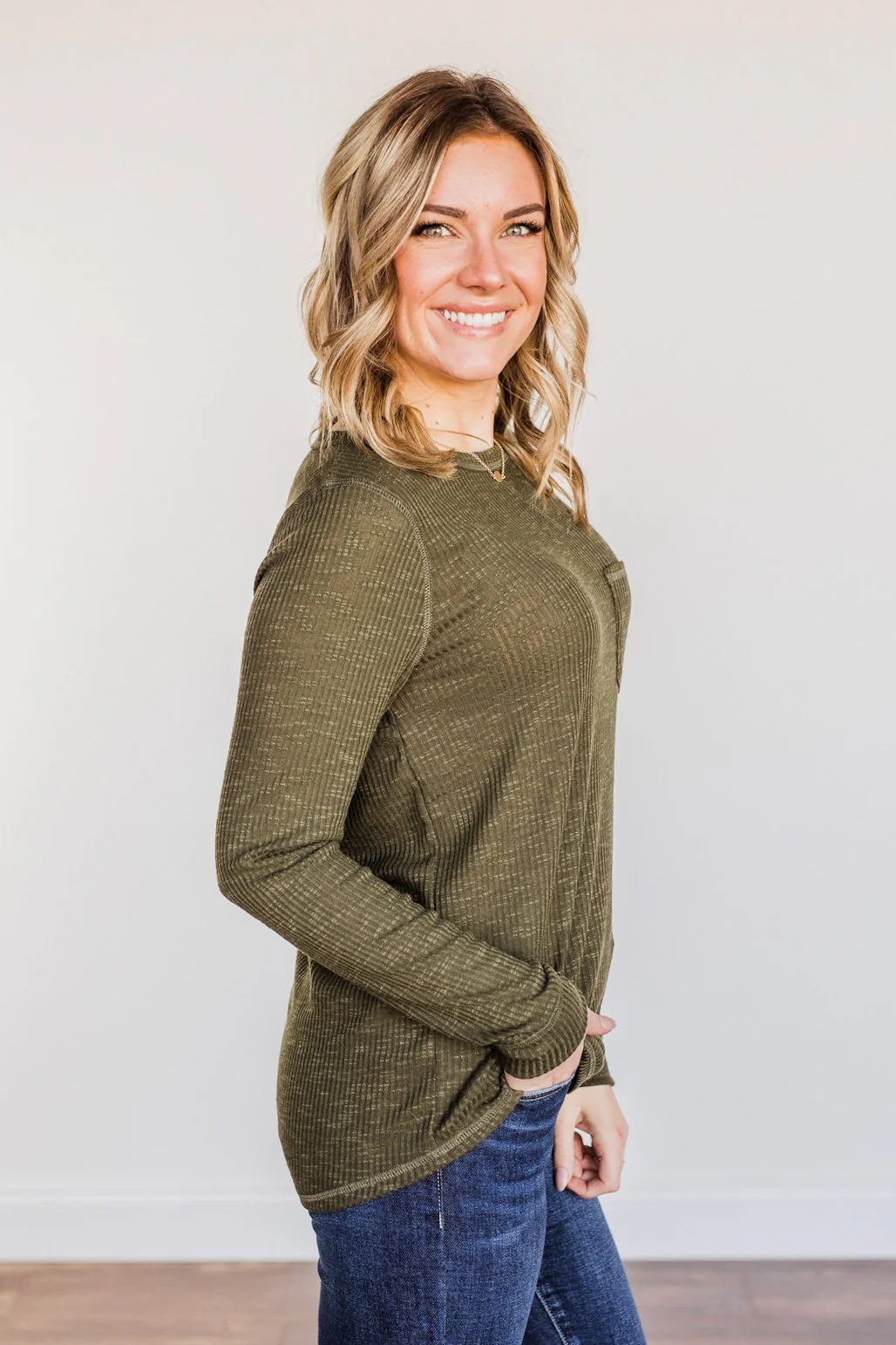 Slowing Things Down Pocket Long Sleeve Top- Dark Olive - Image 9