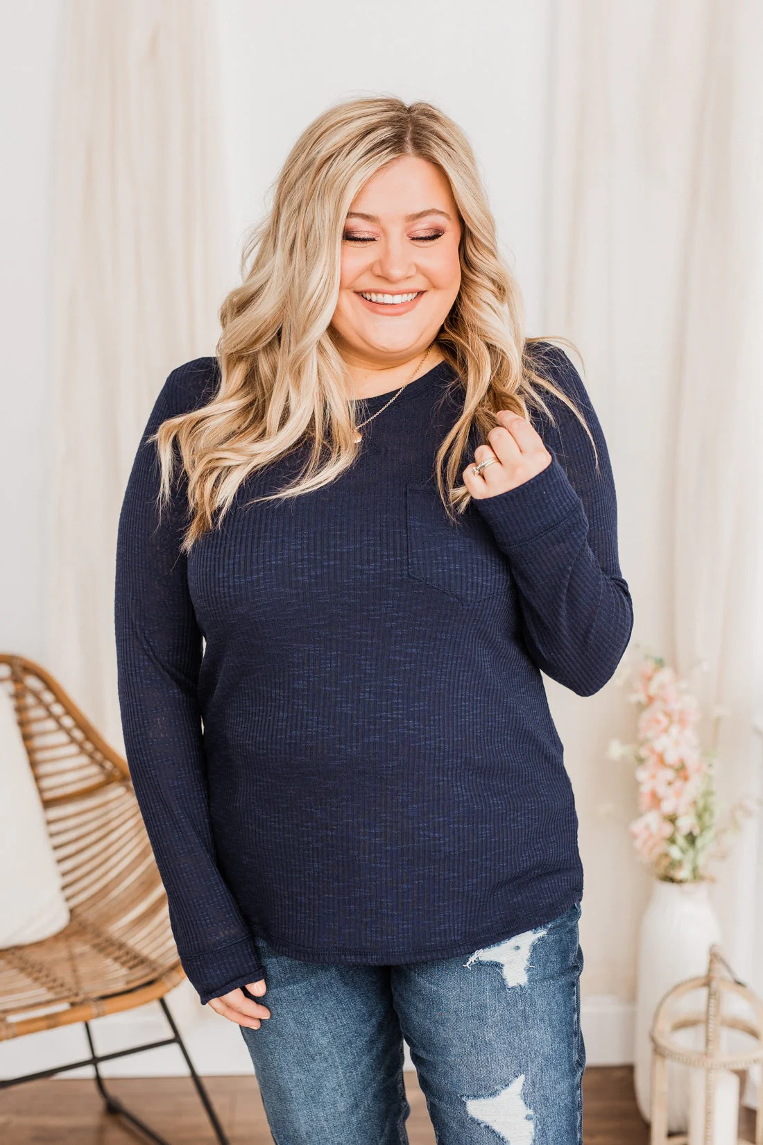 Slowing Things Down Pocket Long Sleeve Top- Navy - Image 4