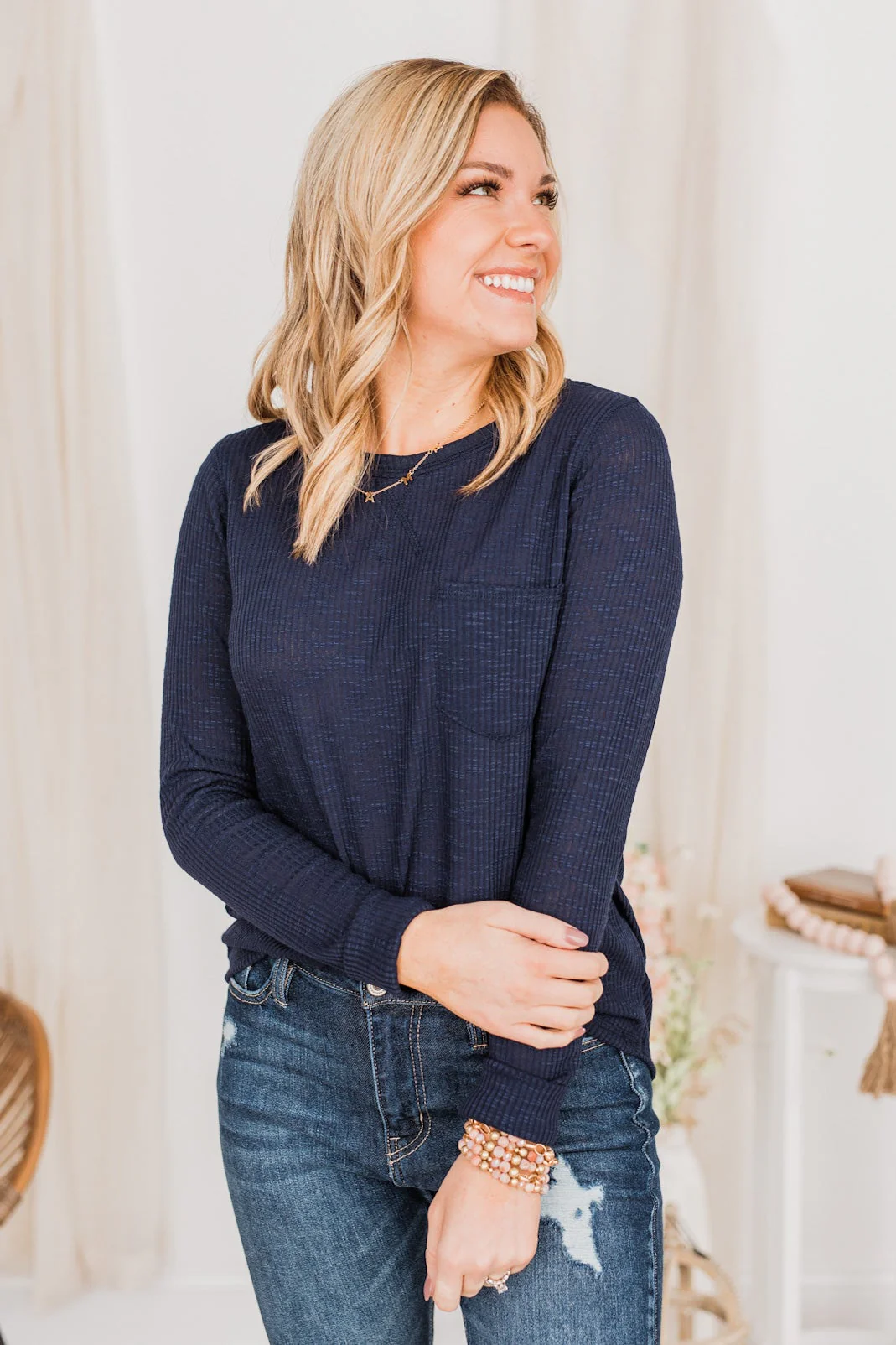Slowing Things Down Pocket Long Sleeve Top- Navy - Image 6