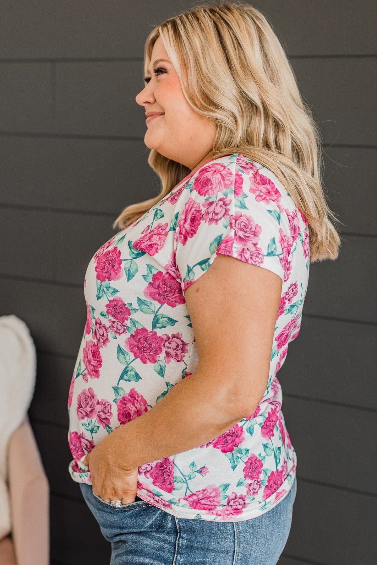 Smell The Roses Floral Top- Ivory & Fuchsia - Image 5