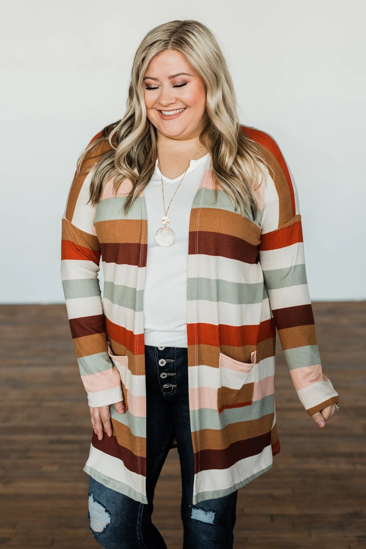 Smells Like Cider Striped Cardigan- Cream, Camel, Rust, & Sage - Image 3