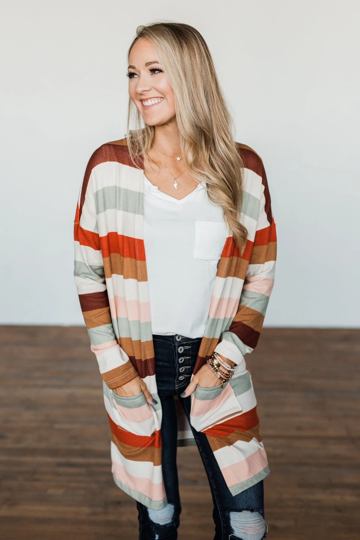 Smells Like Cider Striped Cardigan- Cream, Camel, Rust, & Sage - Image 4