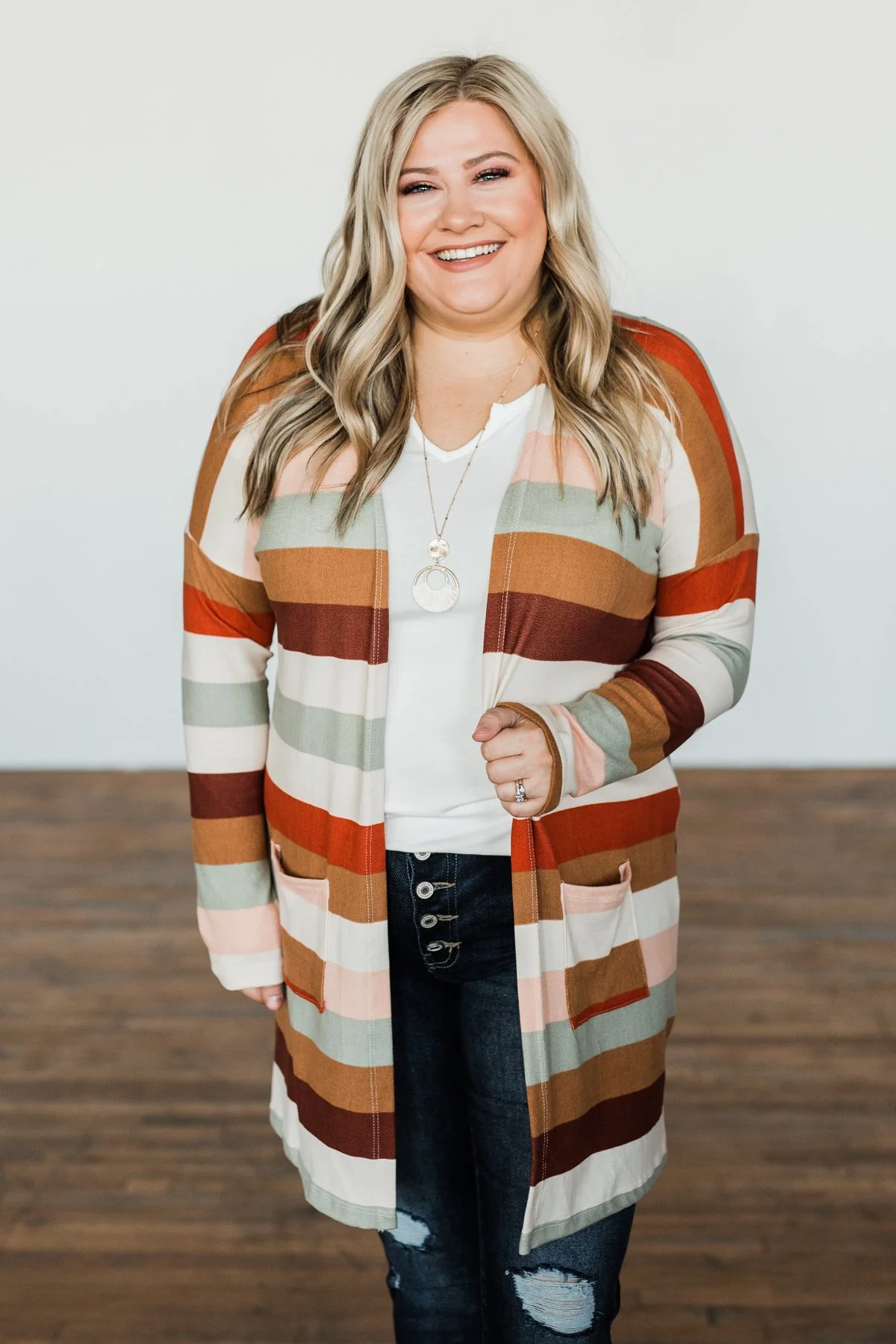 Smells Like Cider Striped Cardigan- Cream, Camel, Rust, & Sage - Image 7