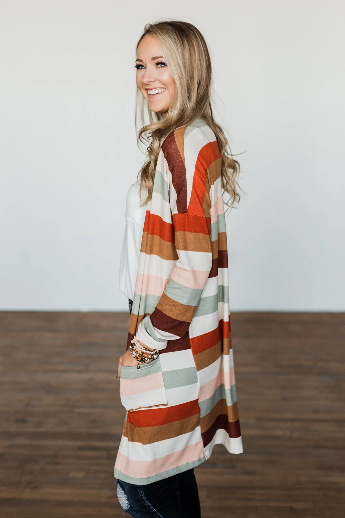 Smells Like Cider Striped Cardigan- Cream, Camel, Rust, & Sage - Image 8