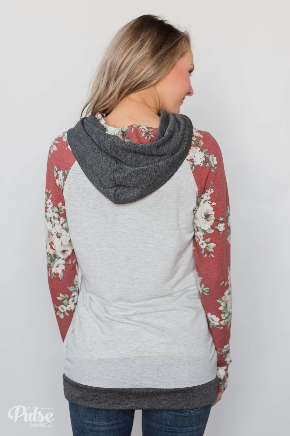 Smile Pretty Floral Drawstring Hoodie- Heather Grey - Image 10