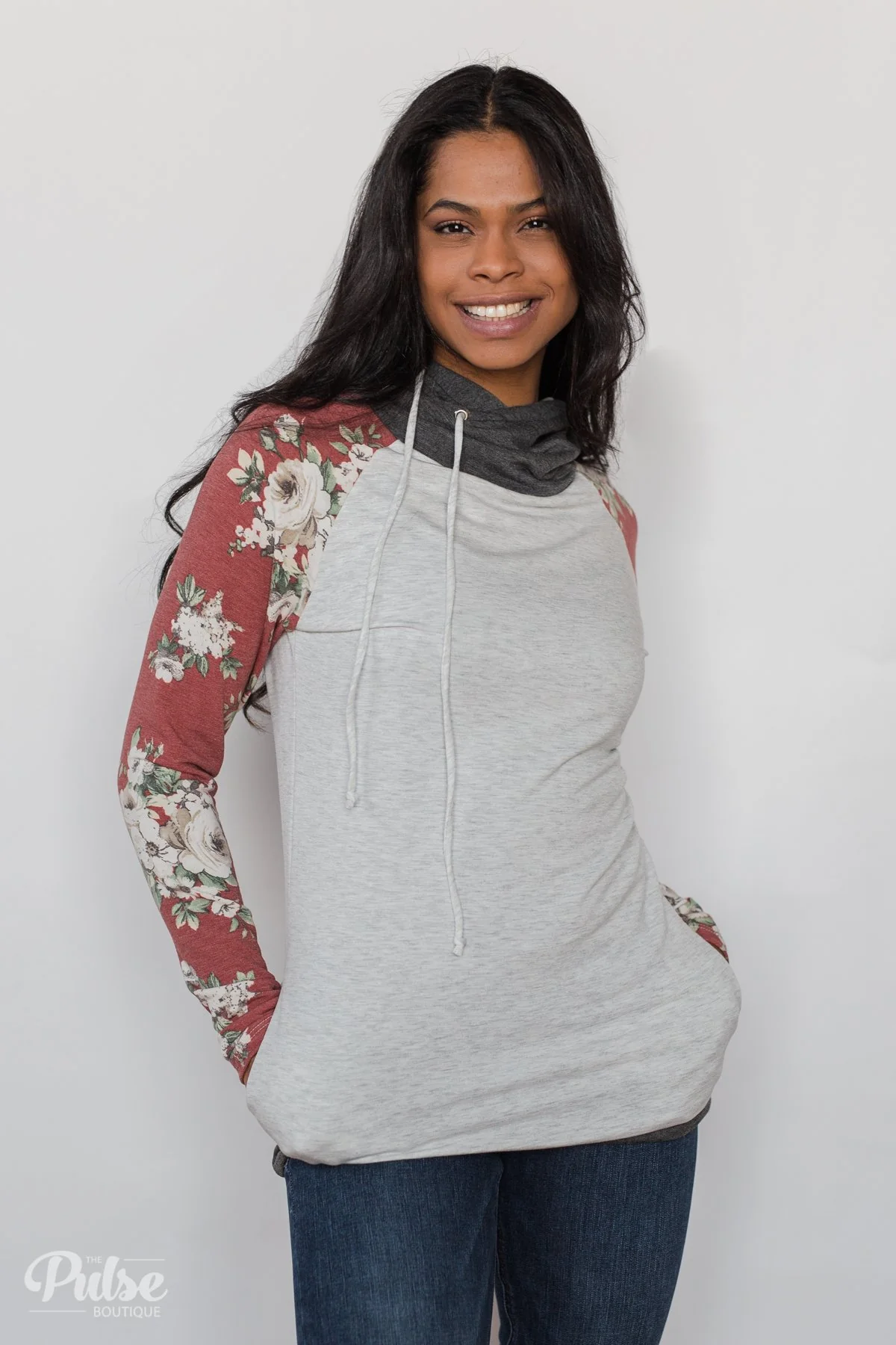 Smile Pretty Floral Drawstring Hoodie- Heather Grey - Image 12
