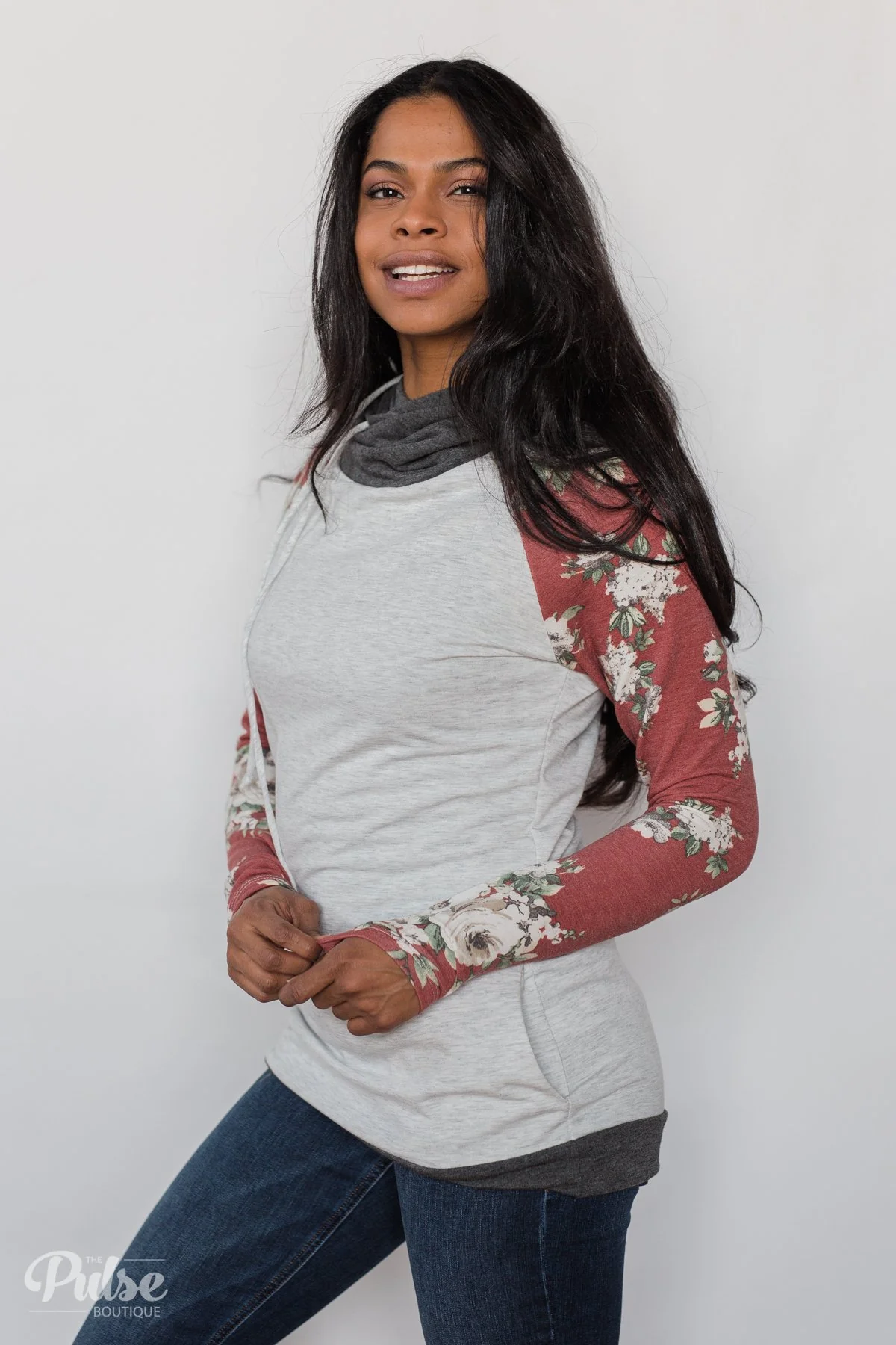 Smile Pretty Floral Drawstring Hoodie- Heather Grey - Image 13