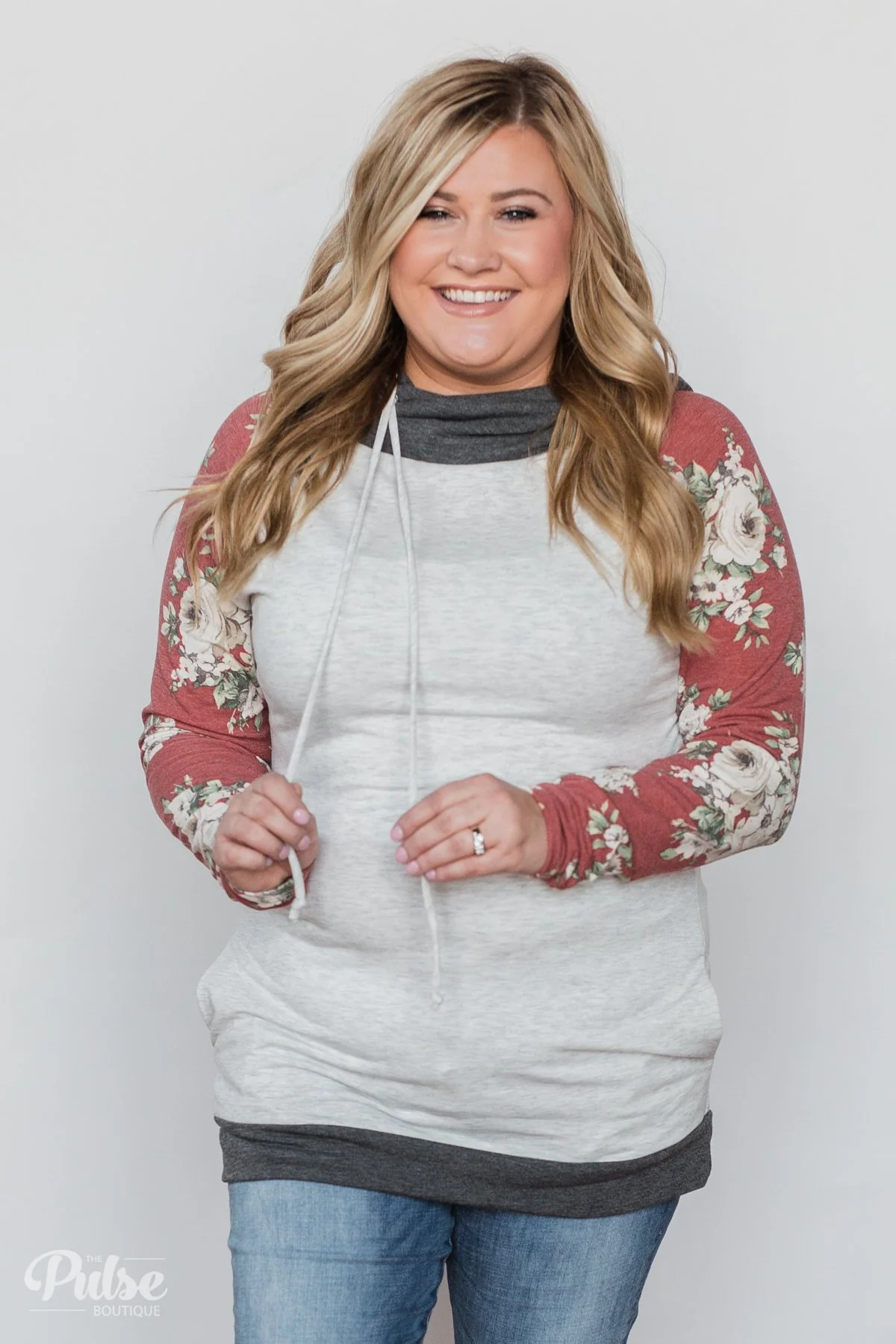 Smile Pretty Floral Drawstring Hoodie- Heather Grey - Image 2