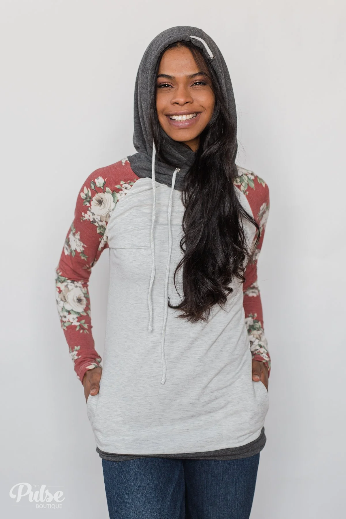 Smile Pretty Floral Drawstring Hoodie- Heather Grey - Image 3
