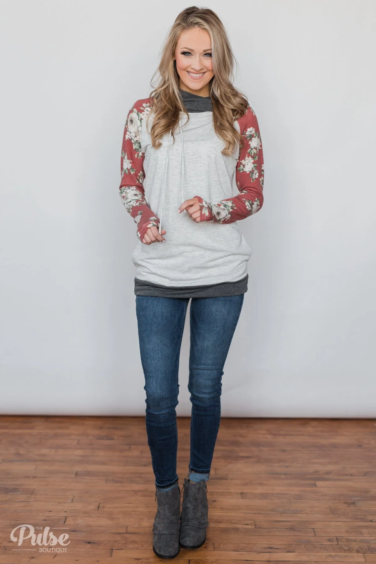 Smile Pretty Floral Drawstring Hoodie- Heather Grey - Image 4
