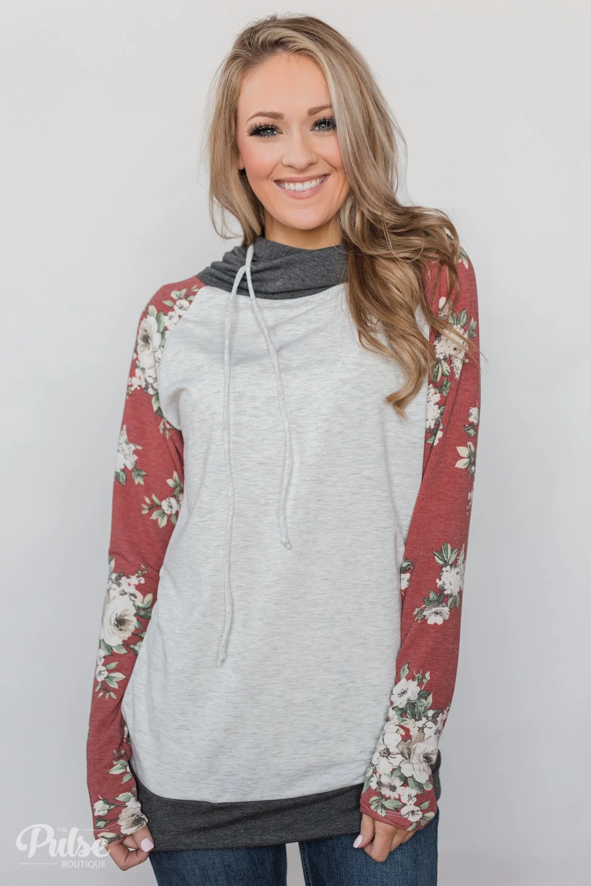Smile Pretty Floral Drawstring Hoodie- Heather Grey - Image 6