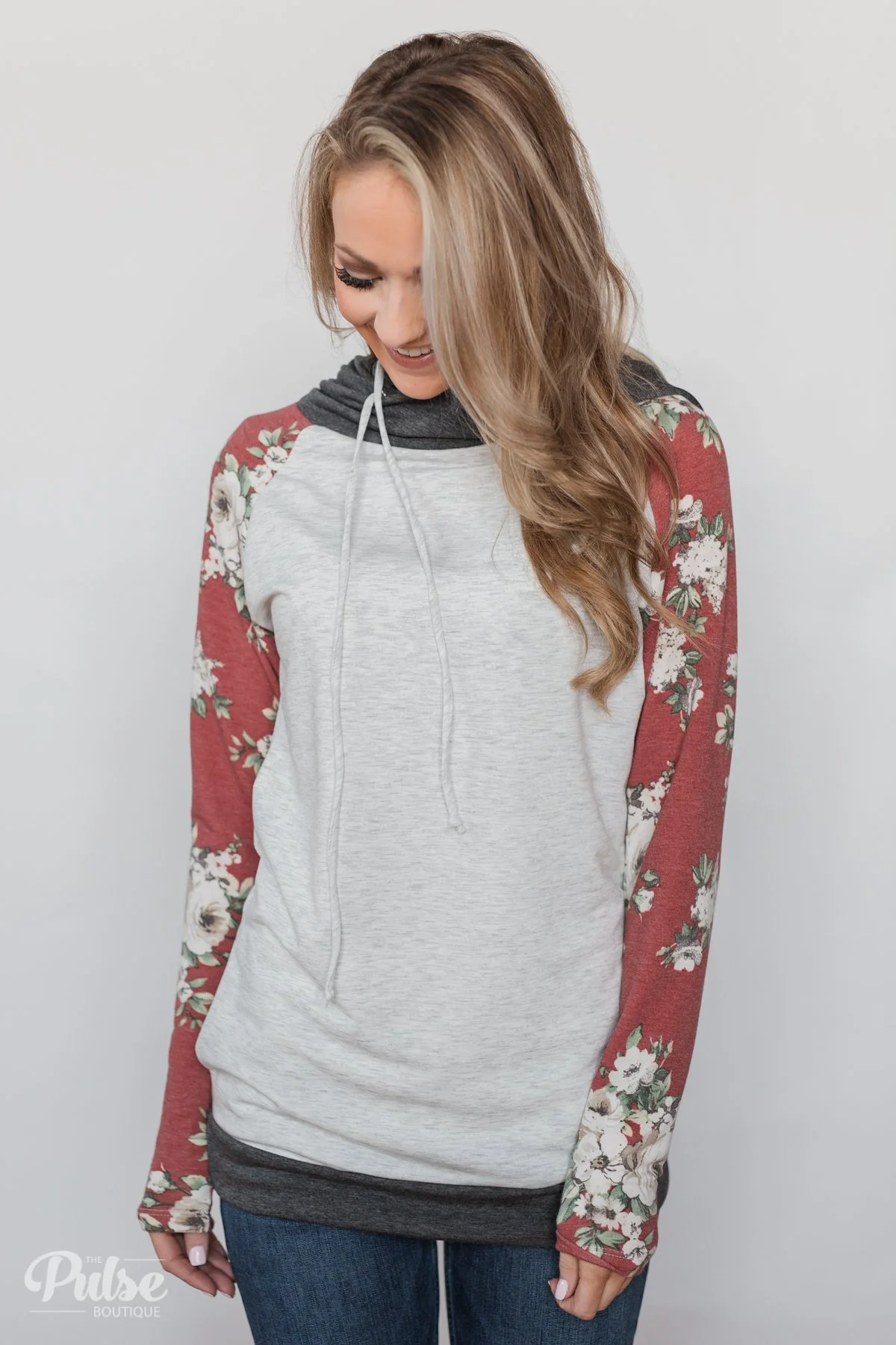 Smile Pretty Floral Drawstring Hoodie- Heather Grey - Image 7